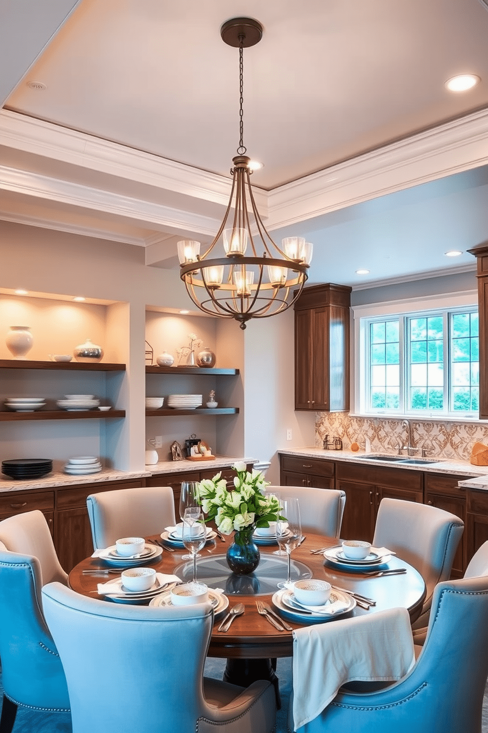 A cozy kitchen dining room features layered lighting that enhances the atmosphere, with pendant lights hanging gracefully above the dining table and recessed ceiling lights providing a warm glow. The table is set with elegant dinnerware, surrounded by plush upholstered chairs, while a statement chandelier adds a touch of sophistication to the space. The walls are painted in a soft, inviting hue, complemented by open shelving displaying curated dishware and decorative items. A large window allows natural light to flood in, illuminating the rich wood tones of the cabinetry and the stylish backsplash that ties the design together.