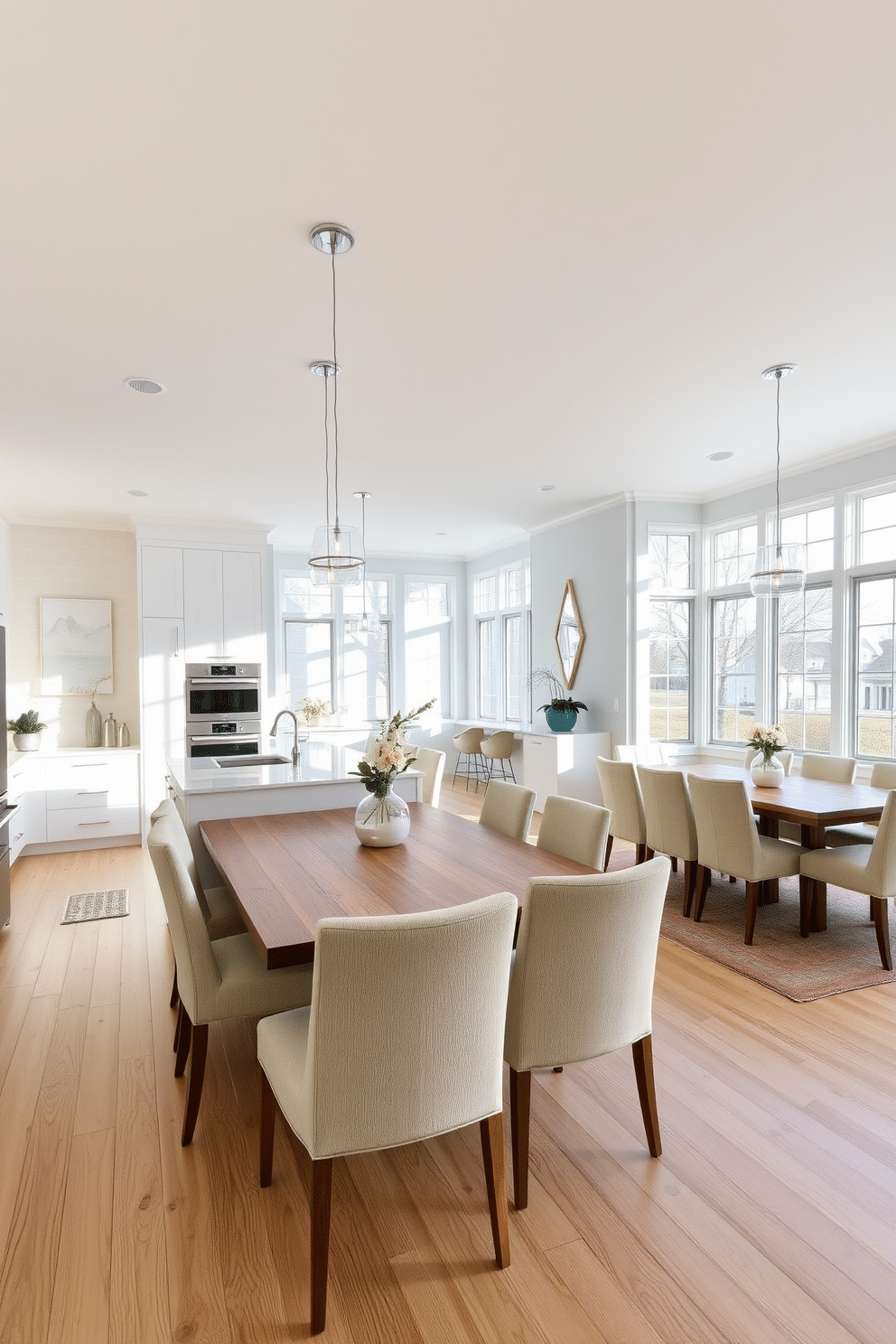 A bright and airy open concept kitchen and dining room seamlessly blend together, featuring a large island with bar seating and sleek, modern appliances. The dining area showcases a stylish wooden table surrounded by upholstered chairs, with large windows flooding the space with natural light. The color palette includes soft whites and warm wood tones, creating a welcoming and cohesive atmosphere. Pendant lights hang above the island, adding a touch of elegance and enhancing the overall ambiance of the space.