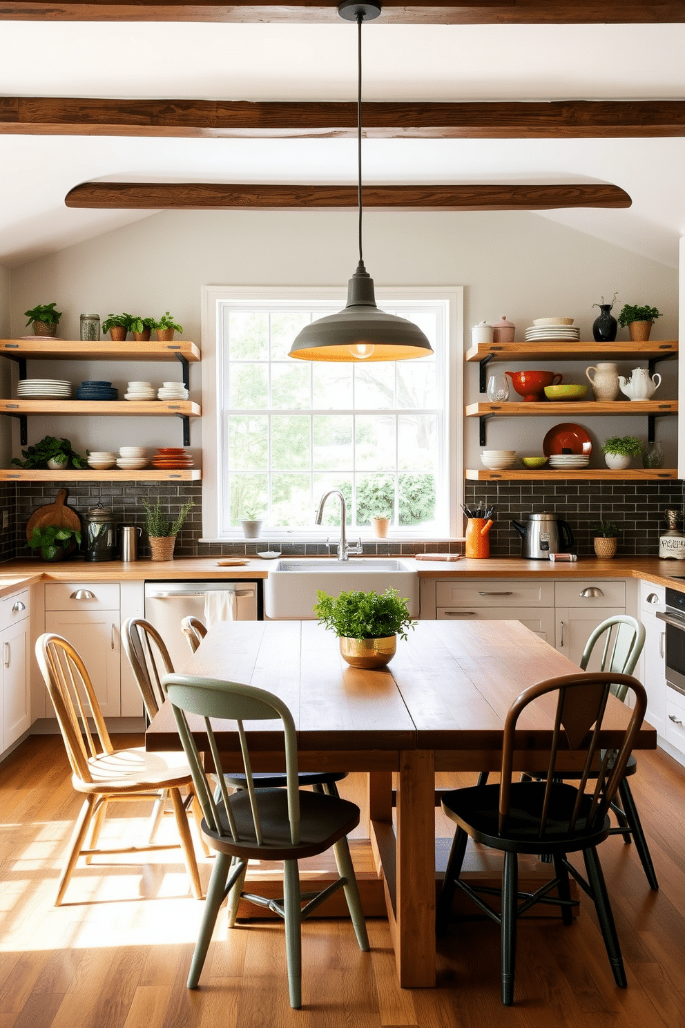 Open shelving creates an airy and spacious feel in the kitchen dining area, allowing for easy access to dishware and decorative items. The shelves are made of reclaimed wood, complemented by sleek metal brackets, and are adorned with colorful dishes and potted herbs for a vibrant touch. The dining table is a large farmhouse style with a natural wood finish, surrounded by mismatched chairs that add character. A modern pendant light hangs above the table, casting a warm glow over the space, while a large window offers views of the garden outside.