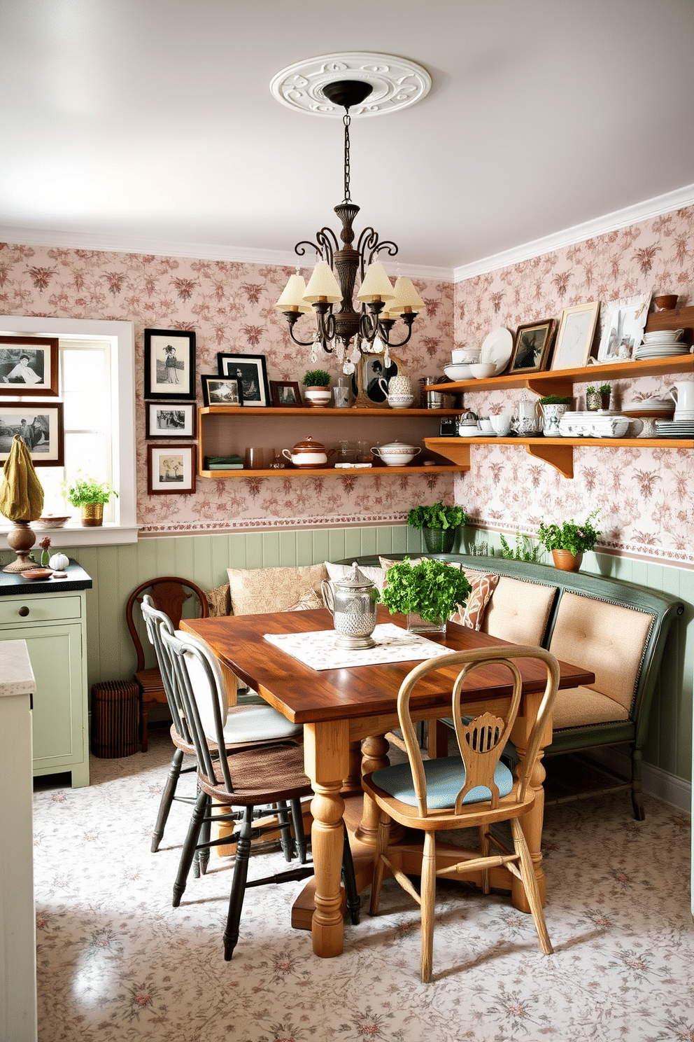 A charming kitchen dining room featuring vintage decor that evokes a nostalgic vibe. The space includes a rustic wooden dining table surrounded by mismatched antique chairs, with a vintage chandelier hanging overhead. The walls are adorned with retro wallpaper in soft pastel colors, complemented by framed family photos and vintage kitchenware displayed on open shelves. A cozy corner nook with a plush upholstered bench invites leisurely meals, while potted herbs add a touch of greenery to the window sill.