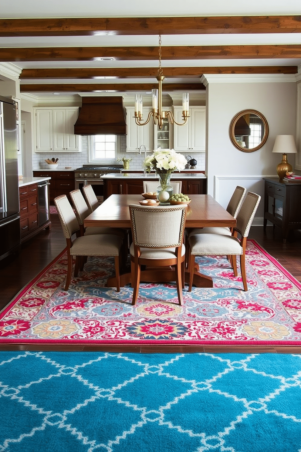 A stylish kitchen dining room featuring bold patterned rugs that delineate the dining area from the cooking space. The room is adorned with a large wooden dining table surrounded by upholstered chairs, creating a cozy yet elegant atmosphere.