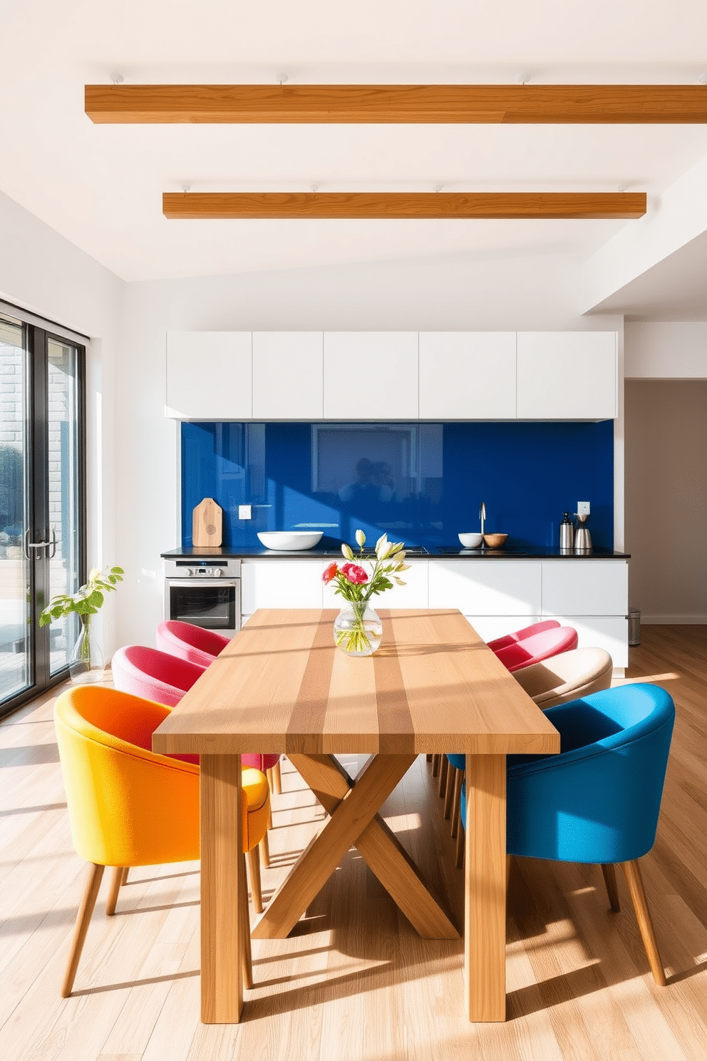 A contemporary kitchen dining room featuring a neutral palette with pops of color. The space includes a sleek wooden dining table surrounded by colorful upholstered chairs, creating a vibrant focal point. The kitchen area showcases minimalist cabinetry in soft white, complemented by a bold backsplash in deep blue. Large windows allow natural light to flood the room, enhancing the warmth of the wooden accents throughout the space.