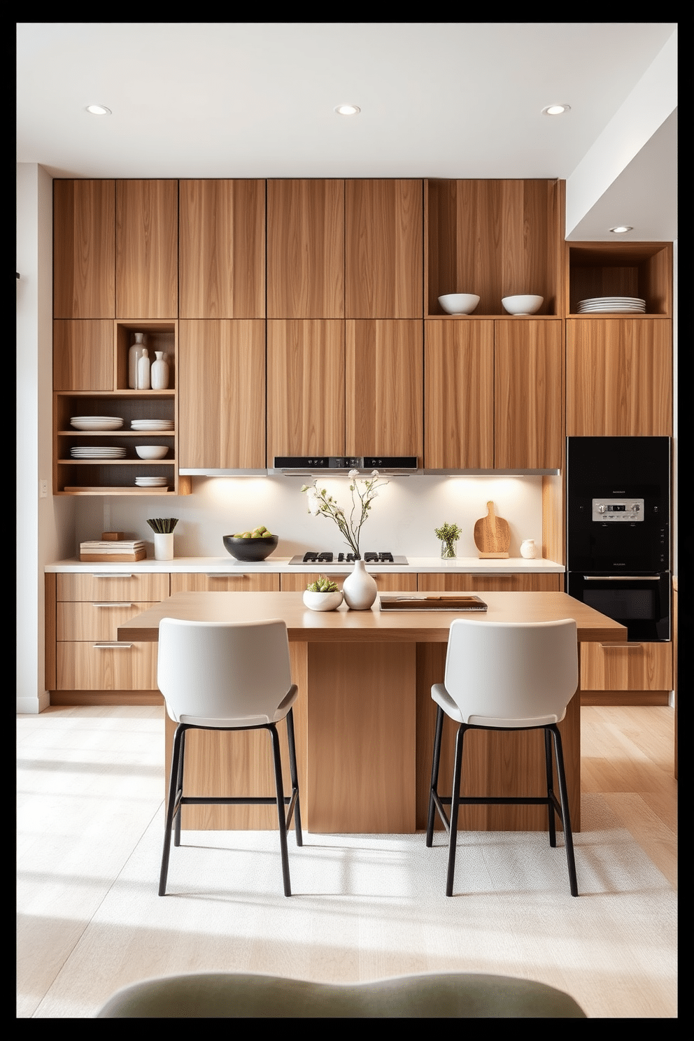 A modern kitchen dining room that seamlessly integrates functional storage solutions. The cabinetry features sleek, minimalist lines with a combination of open shelves and closed storage, showcasing stylish dishware and decorative items. A large central island serves as both a cooking area and a dining space, with high-backed stools positioned around it. The color palette includes warm wood tones and soft white accents, creating an inviting atmosphere for family gatherings.