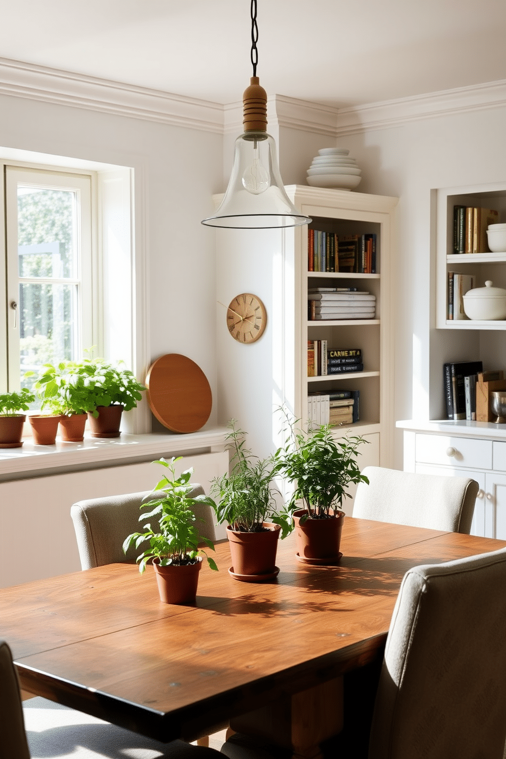 A bright and airy kitchen dining room featuring a charming herb garden on the windowsill, with pots of basil, rosemary, and thyme basking in natural light. The dining area includes a rustic wooden table surrounded by comfortable upholstered chairs, creating an inviting space for family meals. The walls are painted in a soft, warm white, complemented by open shelving displaying stylish dishware and cookbooks. A pendant light with a modern design hangs above the table, adding a touch of elegance to the cozy atmosphere.