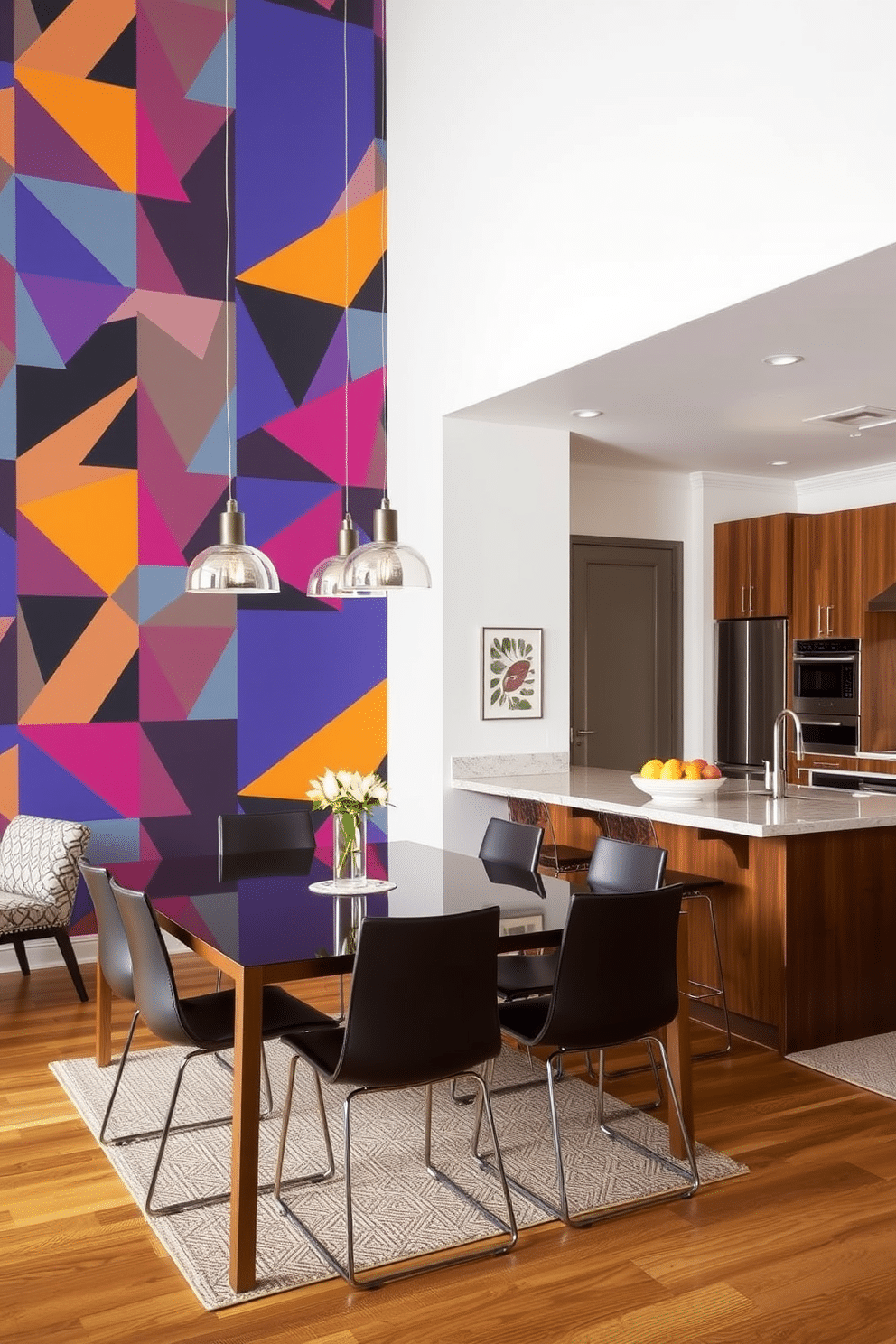 A striking statement wall features bold, geometric wallpaper in vibrant colors, creating a focal point for the space. Complementing the wall, a sleek dining table with modern chairs invites gatherings, while pendant lights hang gracefully above, adding warmth to the atmosphere. The kitchen area showcases a harmonious blend of functionality and style, with custom cabinetry in a rich wood finish and stainless steel appliances. A large island with bar seating serves as both a workspace and a casual dining spot, enhancing the open-concept design.