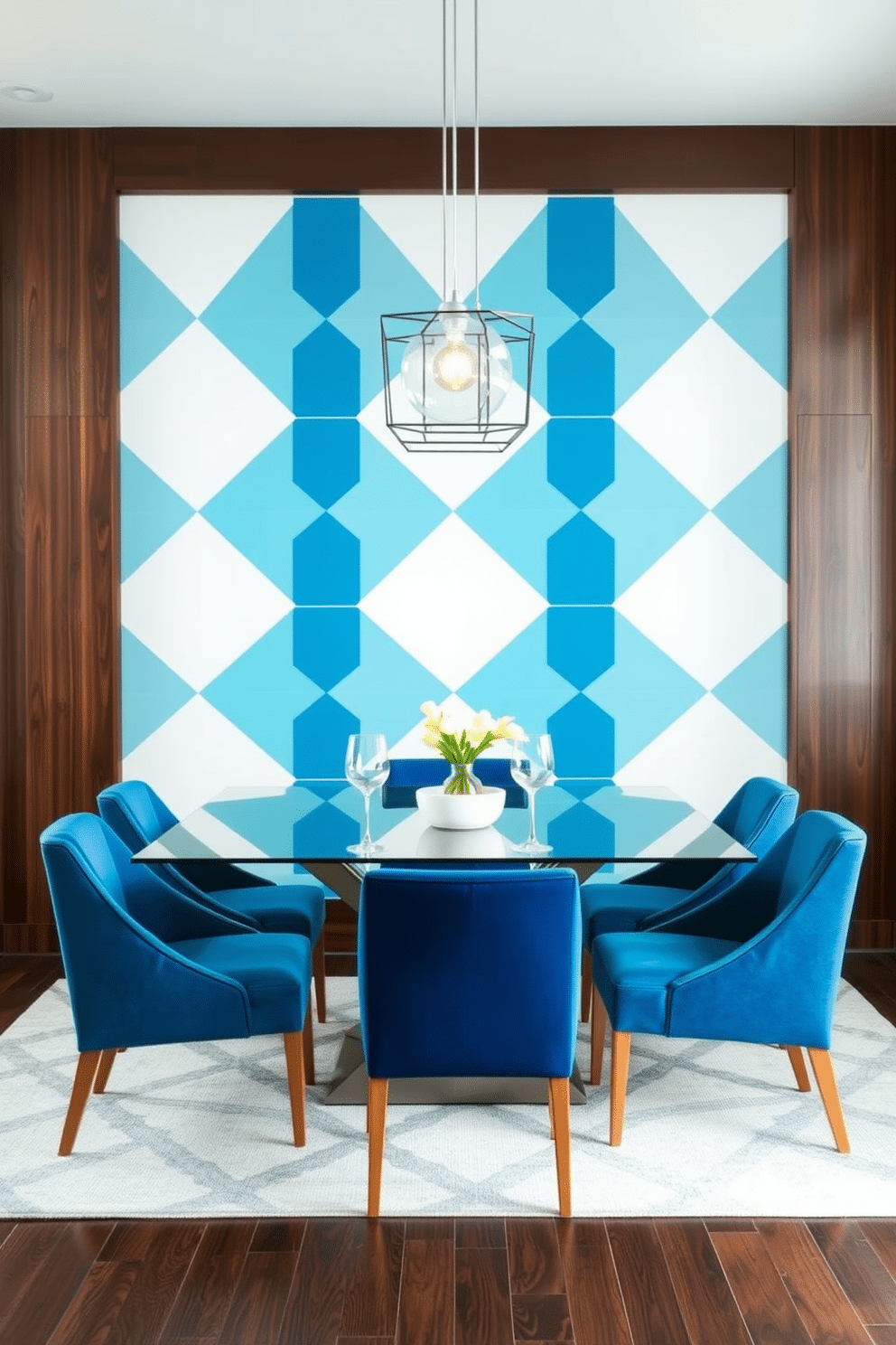 A modern kitchen dining room featuring a striking geometric pattern on the accent wall, incorporating shades of blue and white for a fresh look. The dining table is a sleek glass design surrounded by upholstered chairs in complementary colors, creating a harmonious and inviting space. Incorporate a geometric area rug under the dining table to enhance the visual interest and define the dining area. Pendant lights with geometric shapes hang above the table, adding a stylish focal point and ensuring ample lighting for meals.