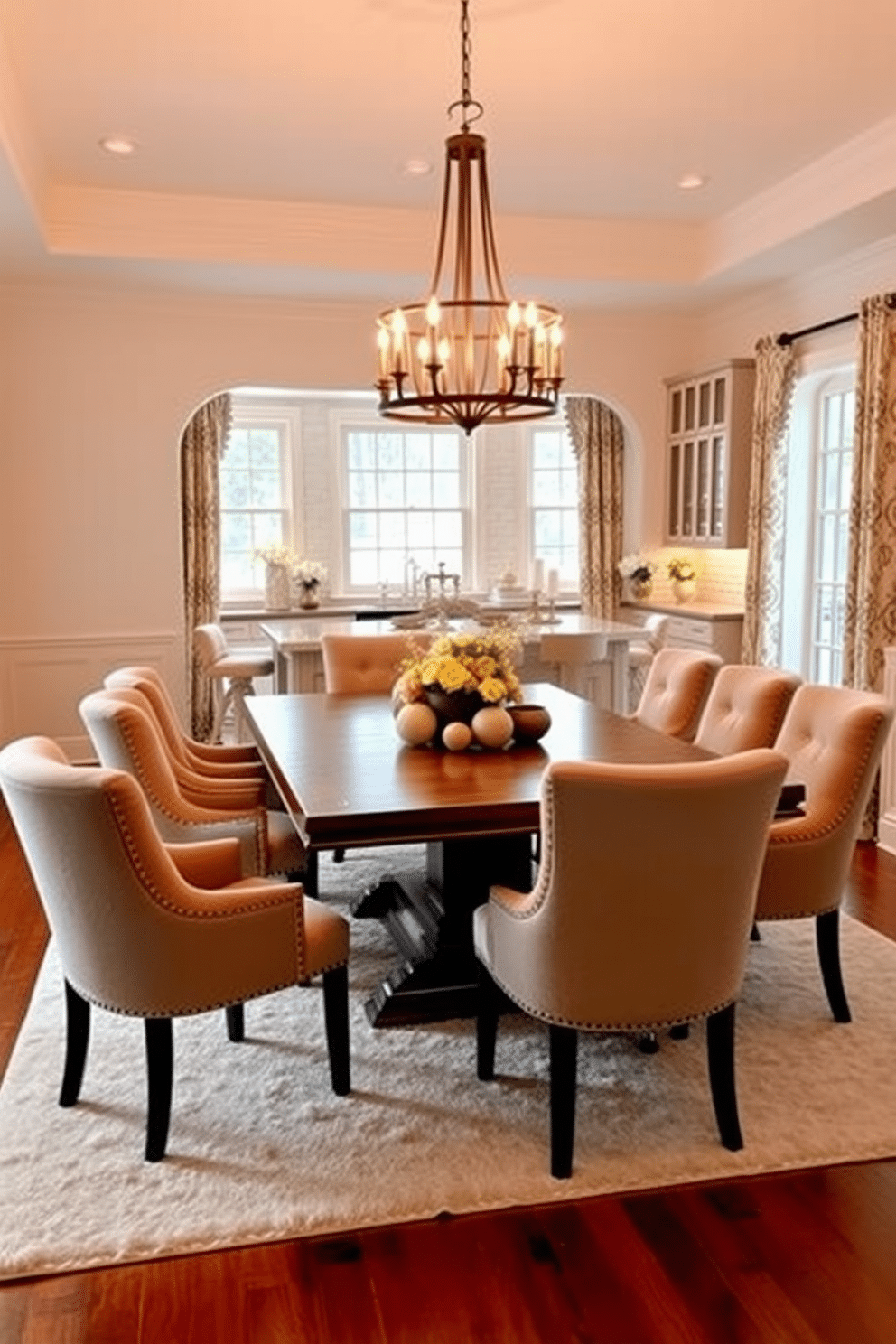 A warm and inviting kitchen dining room features a large wooden table surrounded by plush upholstered chairs in soft, neutral tones. The walls are painted a light cream color, and a statement chandelier hangs above the table, casting a warm glow over the space. Layered textiles, including a soft area rug under the table and patterned curtains framing the windows, enhance the cozy atmosphere. A centerpiece of fresh flowers and decorative bowls adds a touch of color and warmth to the dining experience.