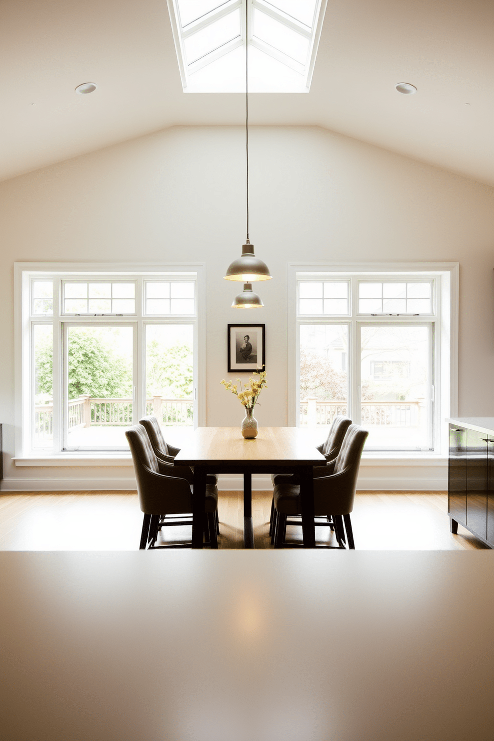 A light-filled room with large windows showcases a modern kitchen dining area. The space features a sleek wooden dining table surrounded by upholstered chairs, with pendant lighting hanging above for a warm ambiance.