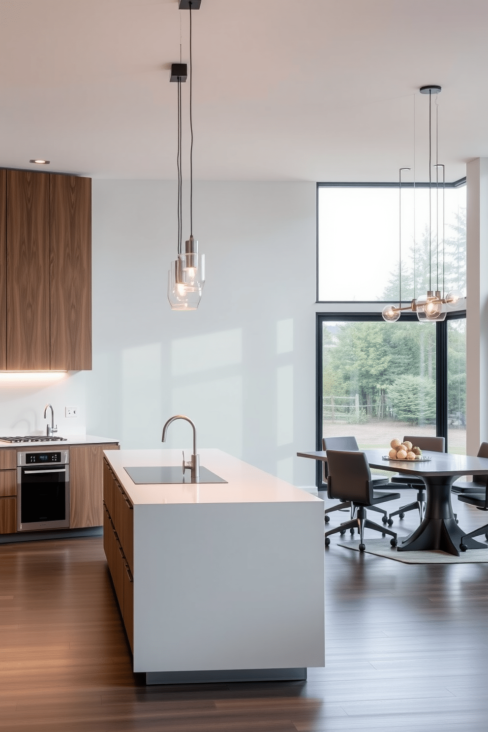 A sleek kitchen dining room featuring integrated technology for modern convenience. The space includes a large island with a built-in induction cooktop and smart appliances seamlessly integrated into custom cabinetry. The dining area boasts a contemporary table with ergonomic chairs, surrounded by ambient lighting fixtures that can be controlled via a smart home system. Large windows allow natural light to flood the room, highlighting the minimalist decor and smart home features.