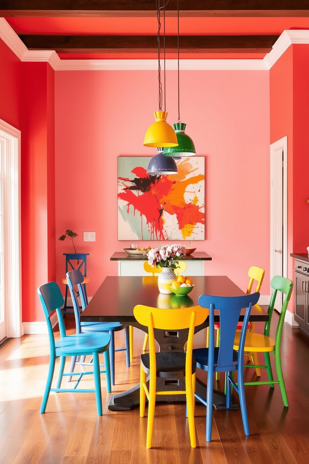 A lively kitchen dining room that features bold color accents throughout. The walls are painted a bright coral, while the dining table is surrounded by mismatched chairs in vibrant hues of blue, yellow, and green. A large abstract painting with splashes of red and orange serves as a focal point on one wall. Pendant lights with colorful shades hang above the table, creating an inviting atmosphere for gatherings.