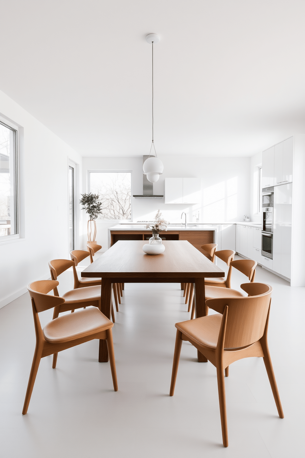 A minimalist kitchen dining room features a sleek, rectangular wooden table surrounded by simple, modern chairs. The walls are painted in a soft white, and large windows allow natural light to flood the space, highlighting the clean lines and uncluttered surfaces. The kitchen area showcases minimalist cabinetry with a smooth finish, complemented by stainless steel appliances that blend seamlessly into the design. A single pendant light hangs above the table, providing a focal point without overwhelming the serene atmosphere.