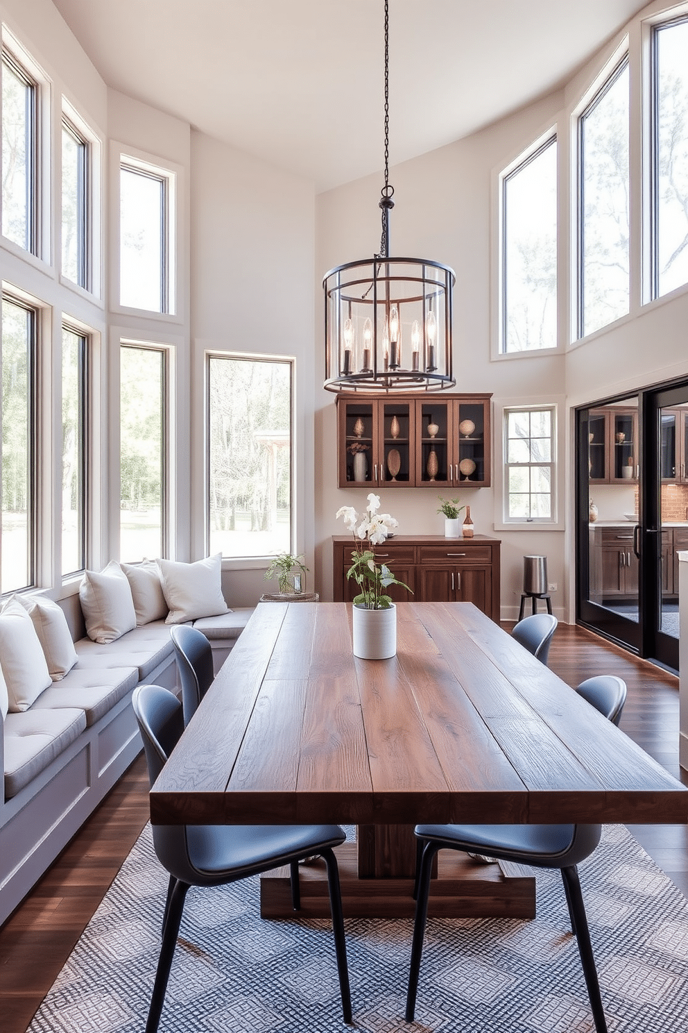 A cozy nook with built-in seating features plush cushions in soft, neutral tones, surrounded by large windows that allow natural light to flood the space. A round wooden table sits at the center, accompanied by stylish pendant lighting that adds warmth to the inviting atmosphere. The kitchen dining room showcases a blend of modern and rustic elements, with a large farmhouse table made of reclaimed wood. Sleek, contemporary chairs complement the table, while a statement chandelier hangs above, creating a focal point in the room.