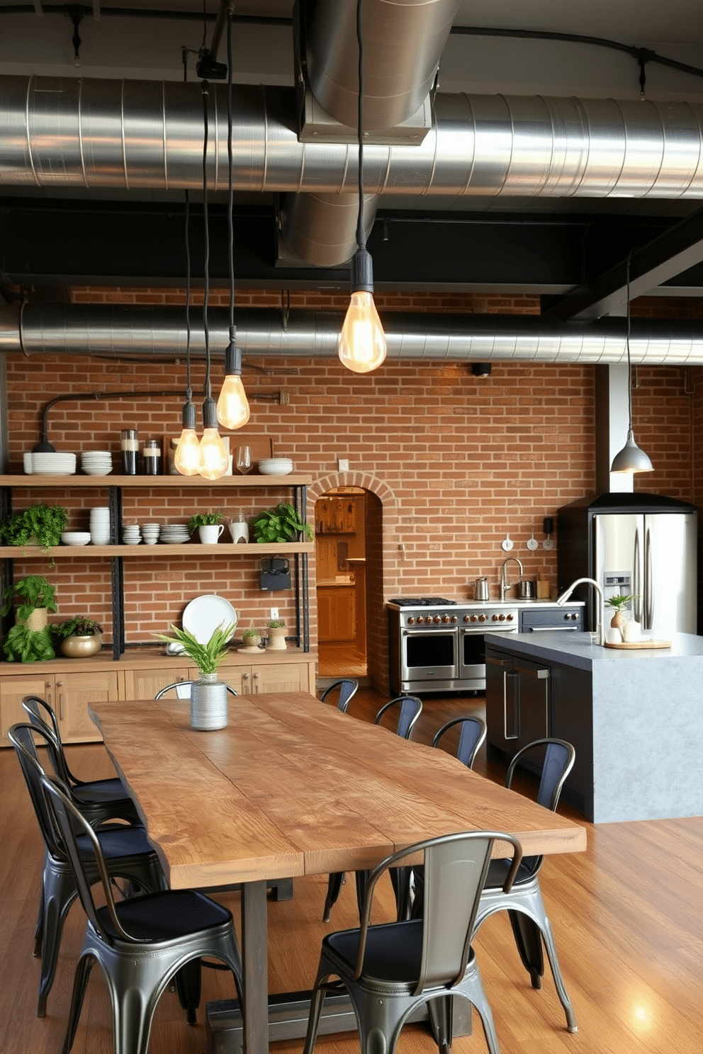 A spacious kitchen dining room featuring an industrial style with exposed brick walls and large metal fixtures. A reclaimed wood dining table is surrounded by metal chairs, and pendant lights with Edison bulbs hang above the table, creating a warm ambiance. The kitchen area boasts stainless steel appliances and an island with a concrete countertop. Open shelving made of reclaimed wood displays stylish dishware and plants, adding a touch of greenery to the industrial aesthetic.