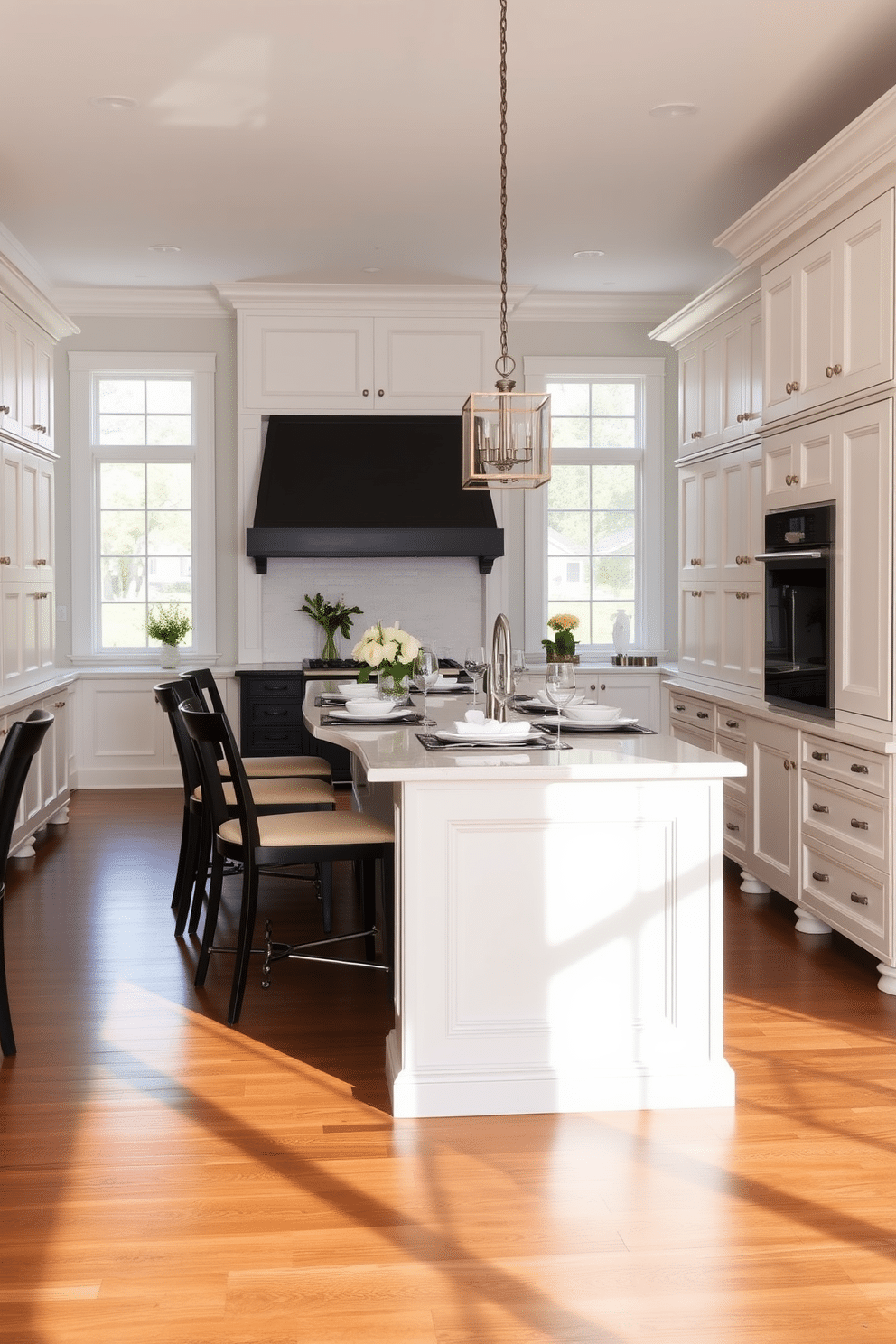 A spacious kitchen dining room features classic white cabinetry that elegantly contrasts with a dark, oversized island at the center. The island is adorned with stylish bar stools, while the cabinetry showcases intricate moldings and sleek hardware, creating a timeless aesthetic. Natural light floods the room through large windows, illuminating a beautifully set dining table that complements the overall design. The flooring is a warm hardwood, enhancing the inviting atmosphere of this sophisticated kitchen dining area.