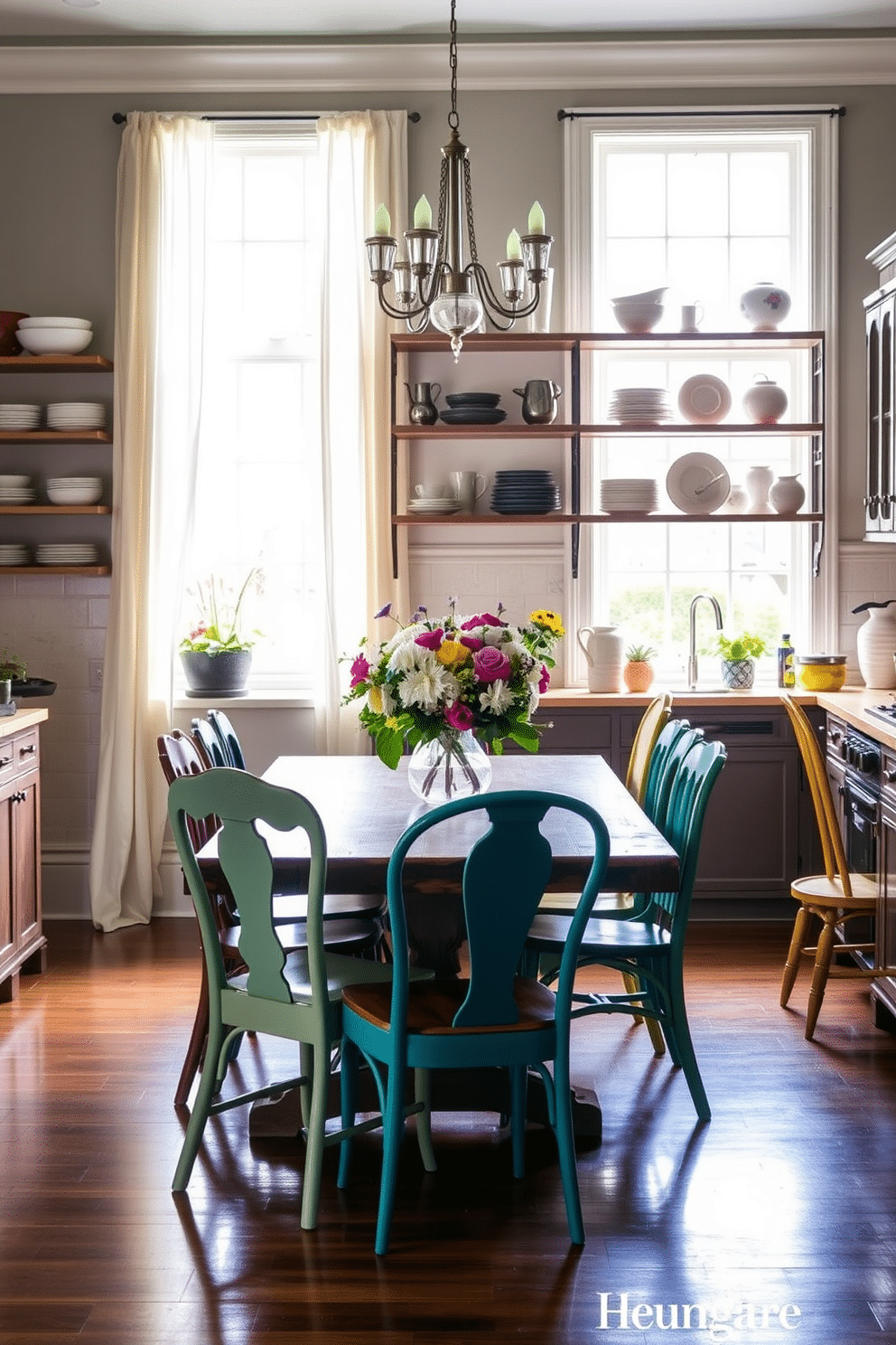 A charming kitchen dining room featuring an eclectic mix of dining chairs in various styles and colors, creating a vibrant and inviting atmosphere. The table is a rustic wooden piece, complemented by a backdrop of open shelving displaying an array of dishware and decorative items. Soft, natural light floods the space through large windows adorned with sheer curtains, enhancing the cozy feel of the room. A centerpiece of fresh flowers sits on the table, adding a touch of freshness and color to the setting.