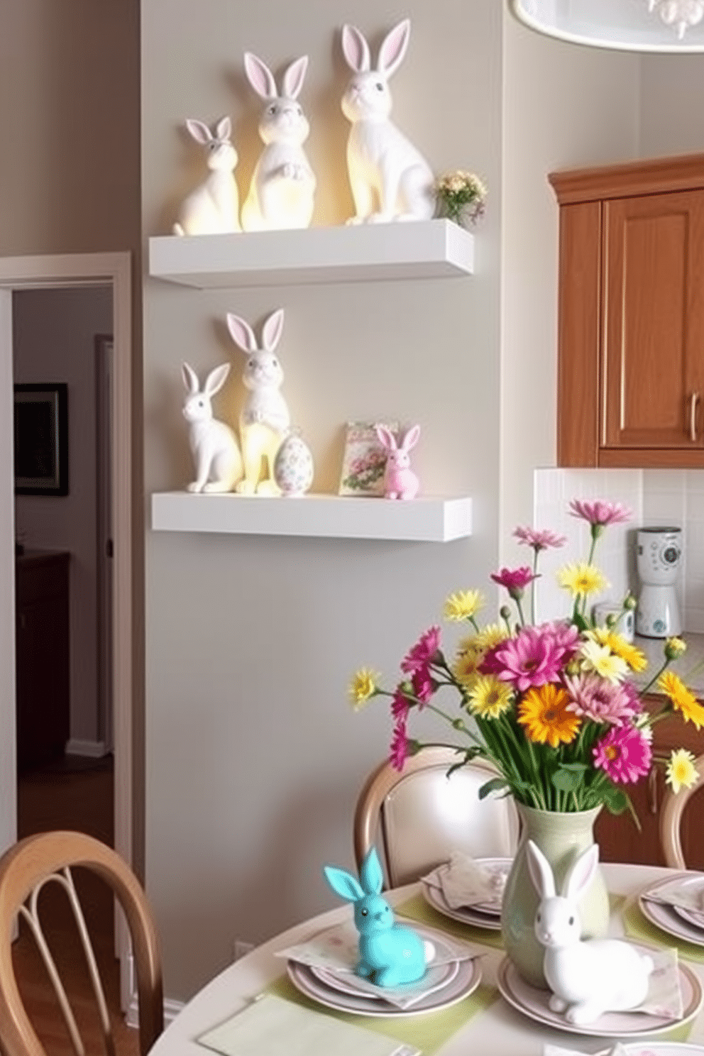 Pastel-colored bunny figurines are artfully arranged on floating shelves, creating a whimsical and cheerful atmosphere. The shelves are adorned with delicate floral accents and soft, ambient lighting to enhance the festive spirit. In the kitchen, a charming Easter display features a pastel-themed table setting with bunny motifs on plates and napkins. Fresh spring flowers in vibrant colors are arranged in a vase, complementing the playful decor and inviting a sense of joy to the space.