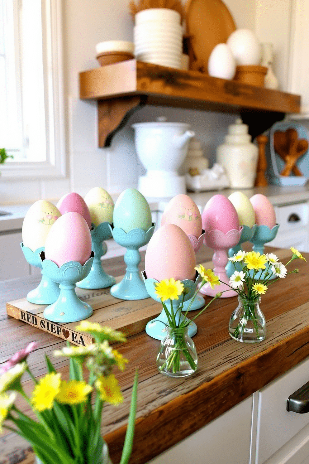 A charming kitchen scene adorned for Easter, featuring a collection of decorative egg cups in various pastel colors arranged on a rustic wooden countertop. Surrounding the egg cups are fresh spring flowers in small vases, adding a touch of nature to the festive decor.