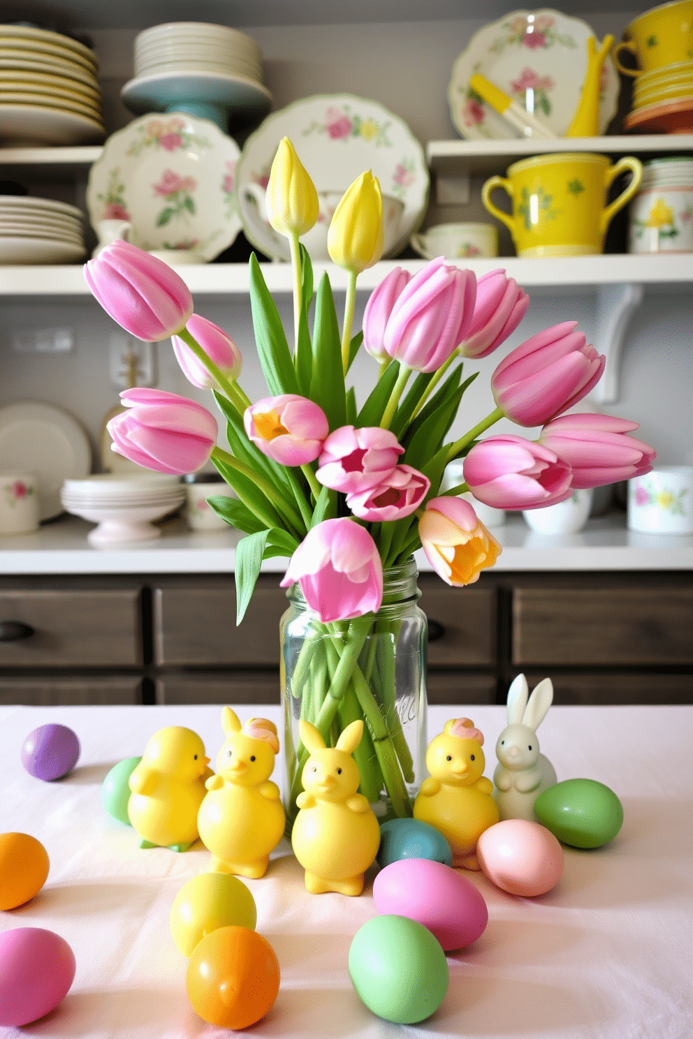 A charming kitchen setting adorned for Easter, featuring a cheerful arrangement of chick and bunny salt shakers on a pastel-colored tablecloth. Surrounding the shakers are decorative eggs in various shades, adding a festive touch to the space. The kitchen shelves are lined with spring-themed dishware, including floral-patterned plates and vibrant mugs. A bouquet of fresh tulips in a mason jar sits center stage, bringing a pop of color and a sense of warmth to the decor.