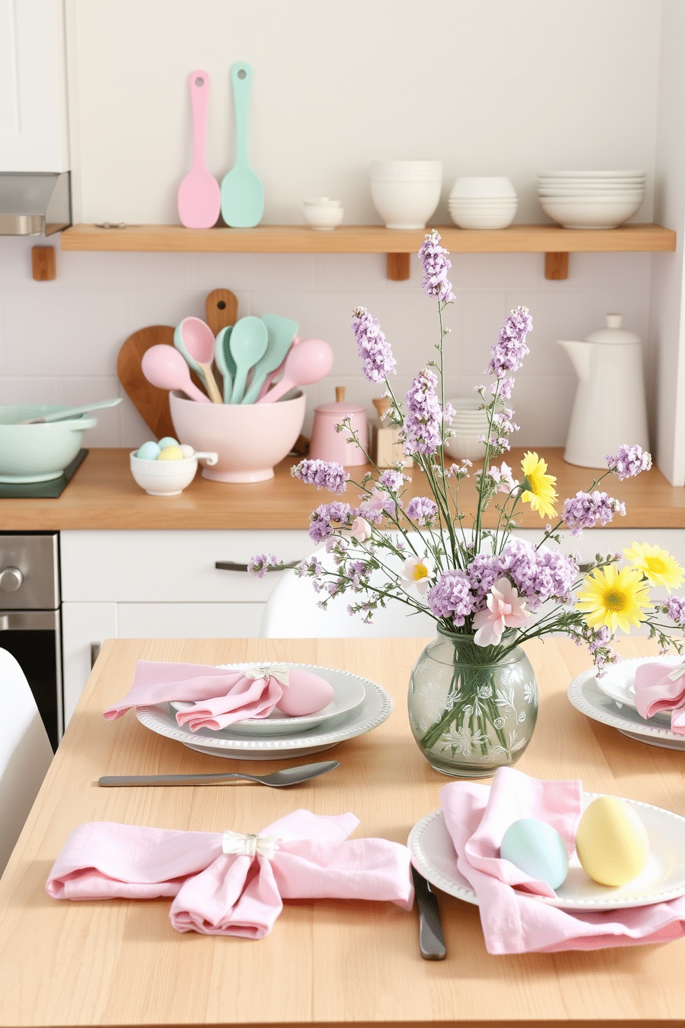 A collection of pastel-colored kitchen utensils is elegantly arranged on a light wooden countertop. The utensils include a mixing bowl, measuring cups, and spatulas in soft pink, mint green, and baby blue hues, creating a cheerful and inviting atmosphere. For Easter decorating ideas, a beautifully set dining table features pastel-themed tableware, including plates, napkins, and decorative eggs. Fresh flowers in soft shades of lavender and yellow are centerpieces, enhancing the festive and spring-like ambiance.