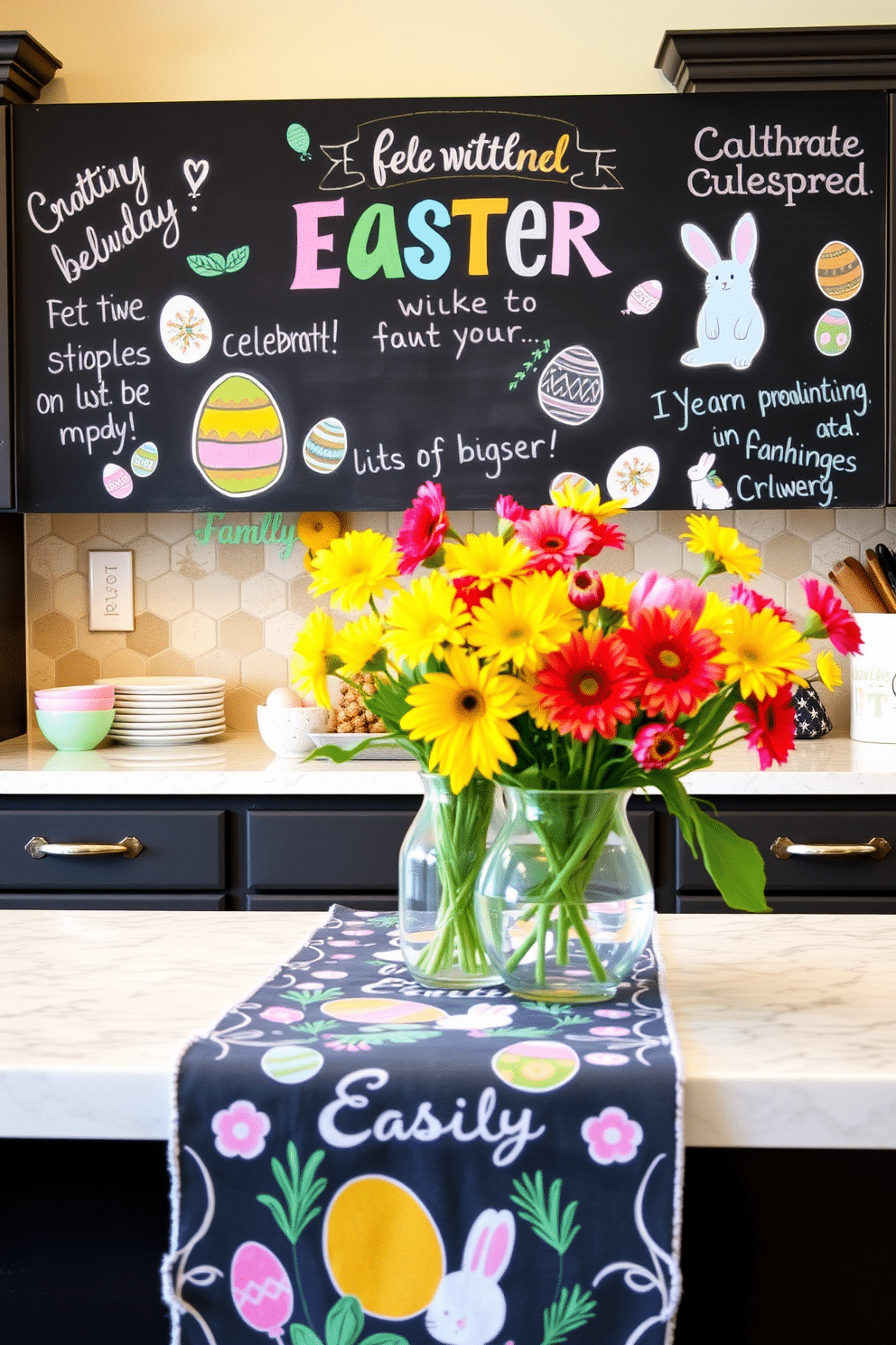 A cheerful kitchen adorned with Easter-themed chalkboard messages. The chalkboard features colorful, hand-drawn illustrations of eggs and bunnies, surrounded by playful fonts that invite guests to celebrate the holiday. The countertops are decorated with pastel-colored dishware and vibrant flowers in a vase. A festive table runner with Easter motifs complements the overall decor, creating a warm and inviting atmosphere for family gatherings.