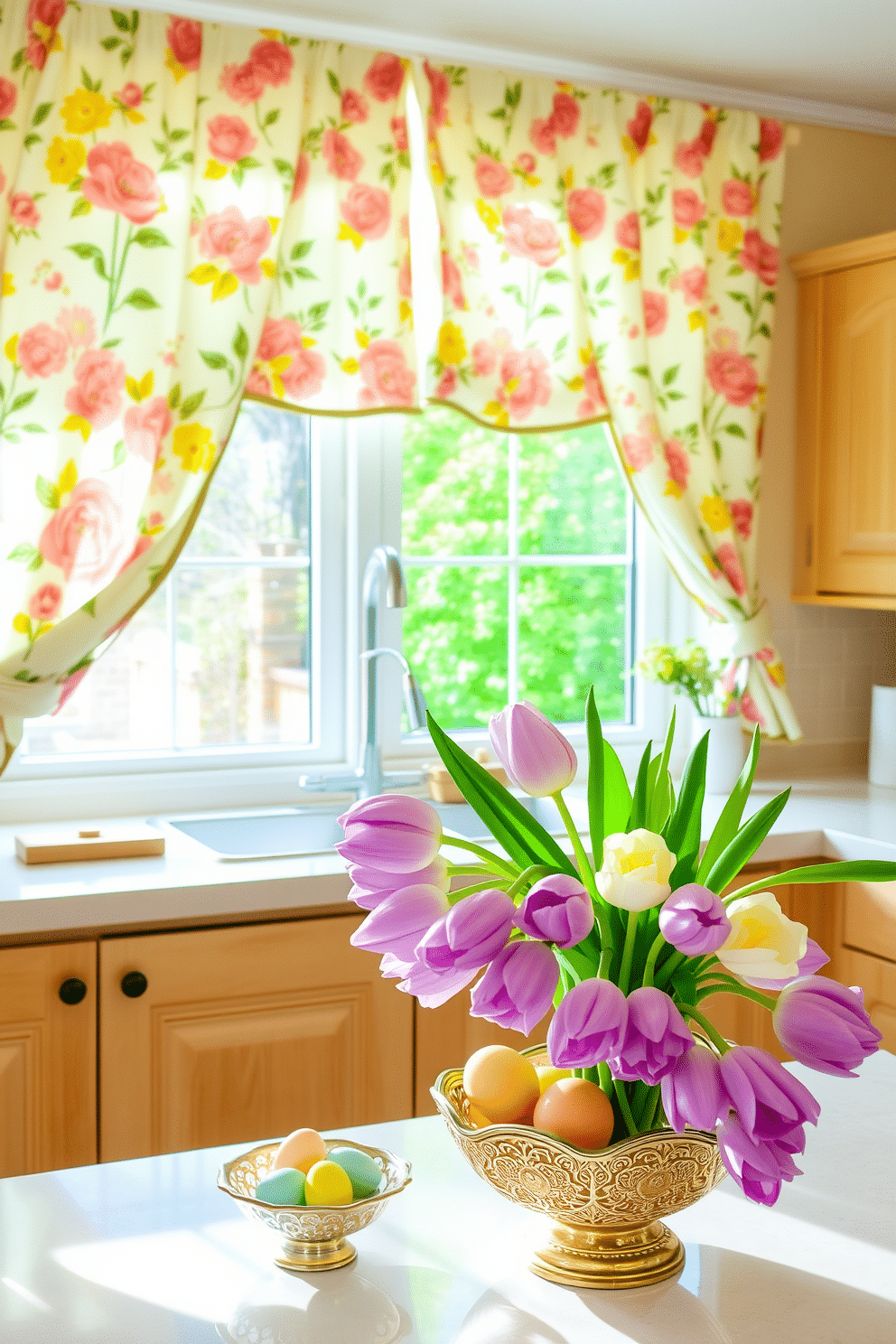 A cheerful kitchen adorned with floral-patterned curtains that gently filter sunlight, creating a warm and inviting atmosphere. The curtains feature vibrant blooms in shades of pink, yellow, and green, complementing the light wood cabinetry and white countertops. Easter decorations bring a festive touch to the kitchen, with pastel-colored eggs nestled in a decorative bowl on the table. Freshly cut tulips in shades of lavender and white are arranged in a charming vase, adding a seasonal flair to the space.