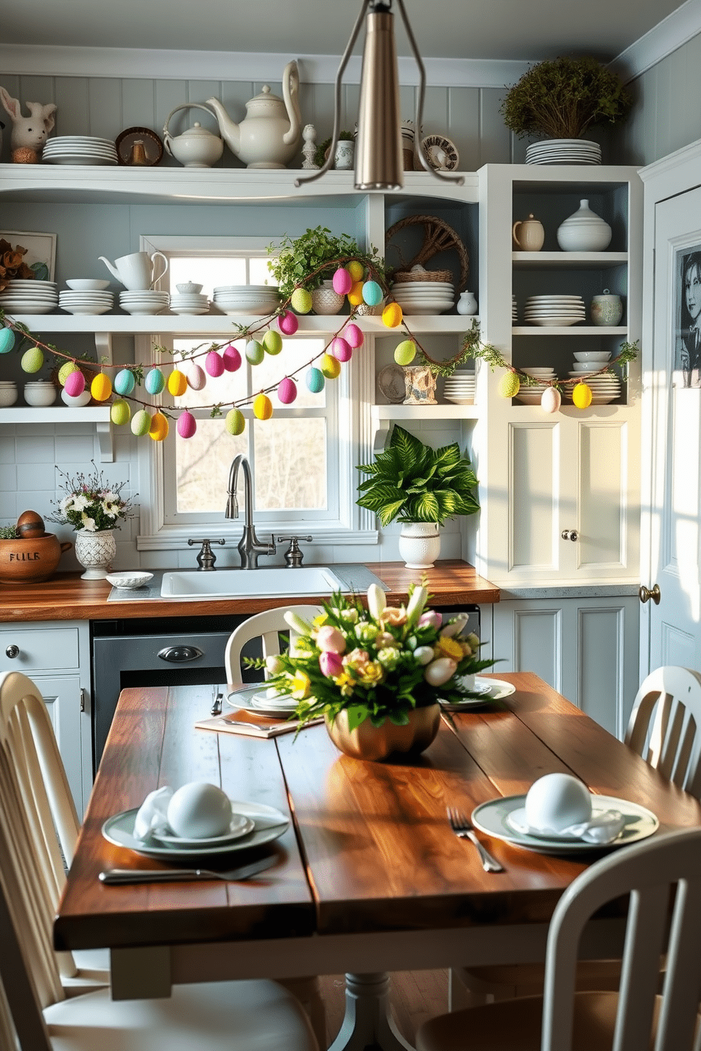 A charming kitchen adorned with a colorful Easter egg garland draped across the open shelving. The shelves are filled with pastel-colored dishware and seasonal decorations, creating a festive atmosphere. A rustic wooden dining table is set for an Easter brunch, featuring a centerpiece of fresh flowers and decorative eggs. Soft, natural light filters through the window, illuminating the cheerful decor and inviting ambiance.