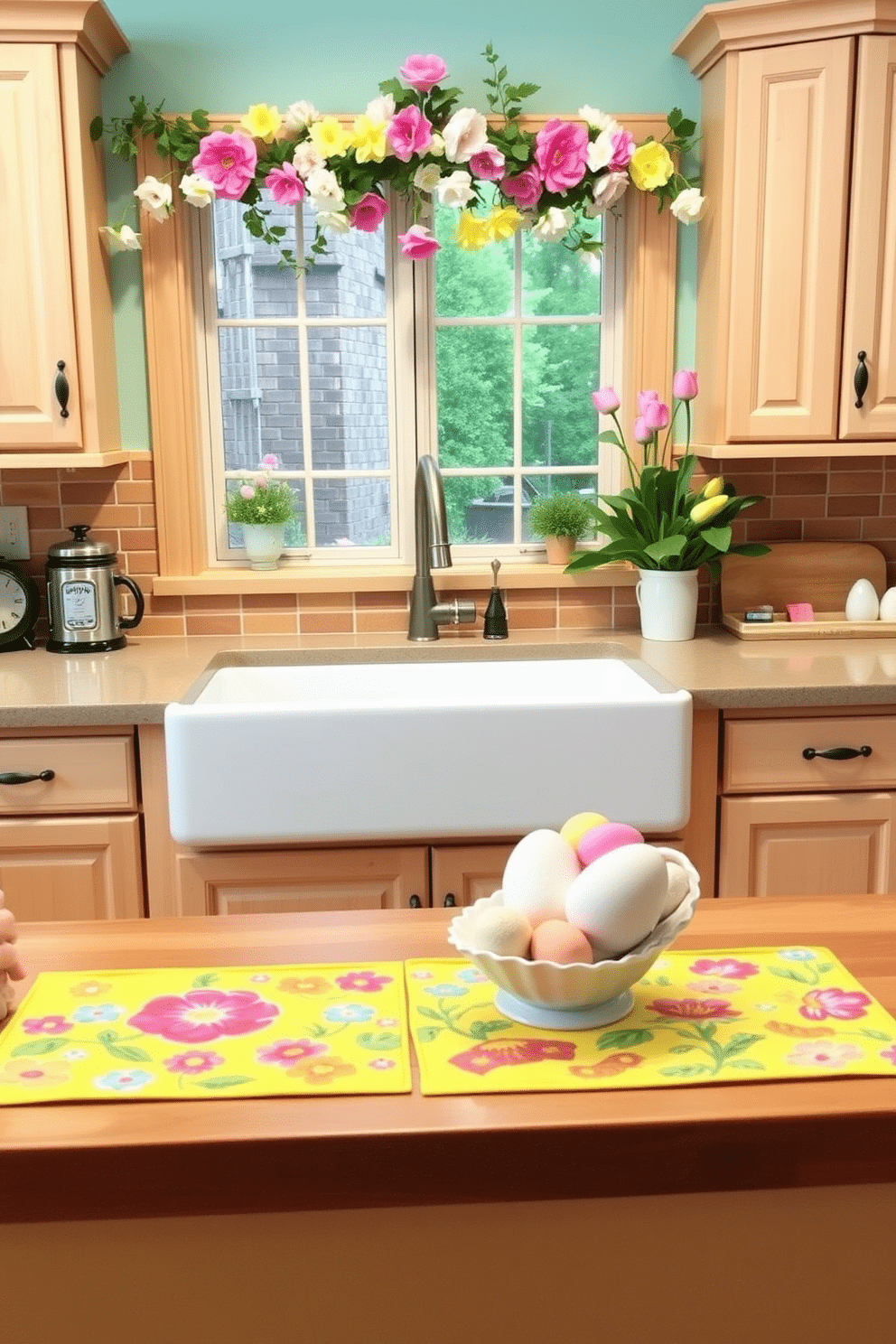 A vibrant spring-themed kitchen featuring colorful mats adorned with floral patterns, bringing a fresh and cheerful atmosphere to the space. The mats are placed in front of a farmhouse sink, complemented by light wood cabinetry and pastel-colored accents. For Easter decorating ideas, the kitchen is adorned with charming decorations such as pastel-colored eggs nestled in a decorative bowl on the countertop. A whimsical garland of spring flowers hangs above the window, enhancing the festive and inviting ambiance.