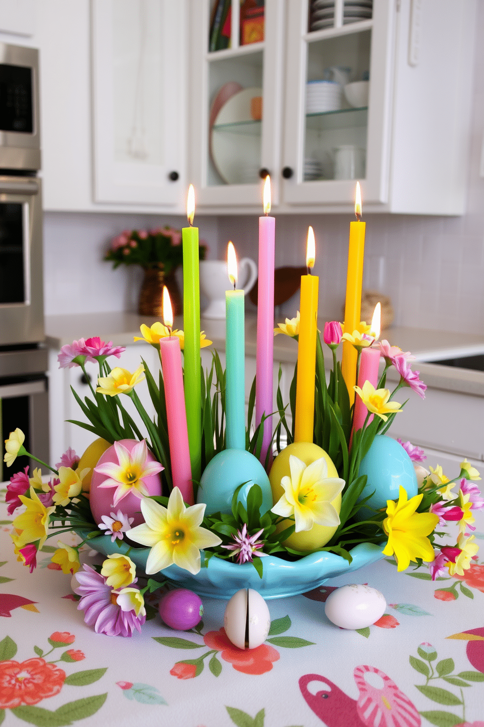 A vibrant kitchen adorned for Easter, featuring a cheerful arrangement of colorful egg-shaped candles placed strategically on the countertop. Surrounding the candles, fresh spring flowers in pastel hues add a lively touch, while a decorative tablecloth with Easter motifs enhances the festive atmosphere.