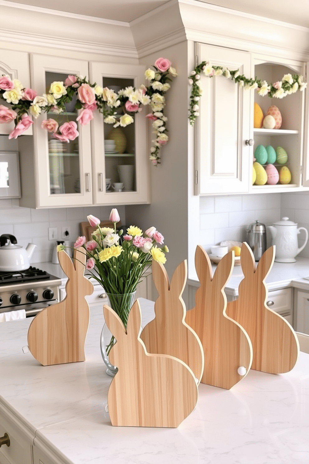 A charming kitchen scene adorned with bunny-shaped cutting boards made of light wood, each intricately carved to resemble playful rabbits. The cutting boards are artfully arranged on a white marble countertop, surrounded by pastel-colored kitchen accessories and fresh spring flowers in a vase. The kitchen is festively decorated for Easter, featuring a cheerful color palette of soft pinks, yellows, and greens. Delicate garlands of faux flowers hang above the cabinets, and a collection of colorful egg-shaped ornaments is displayed on the open shelves, adding a whimsical touch to the space.