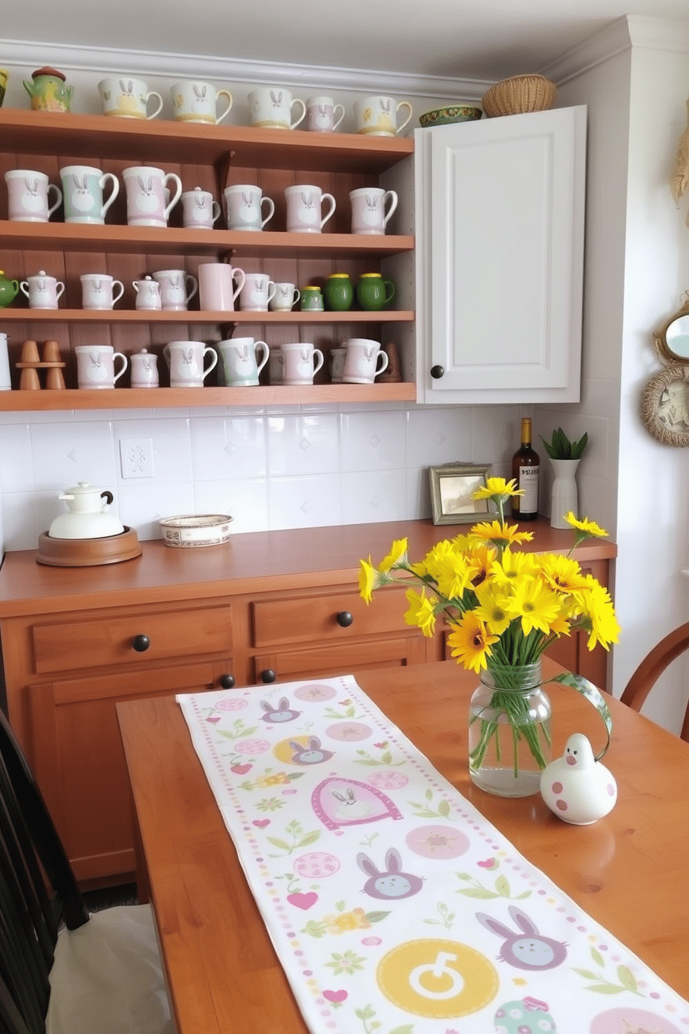 A charming kitchen adorned with a delightful Easter-themed mug collection. The mugs, featuring pastel colors and whimsical bunny designs, are neatly arranged on open wooden shelves. The countertops are decorated with cheerful spring flowers in a vase, adding a pop of color. A festive table runner with Easter motifs lies across the dining table, complementing the overall decor.