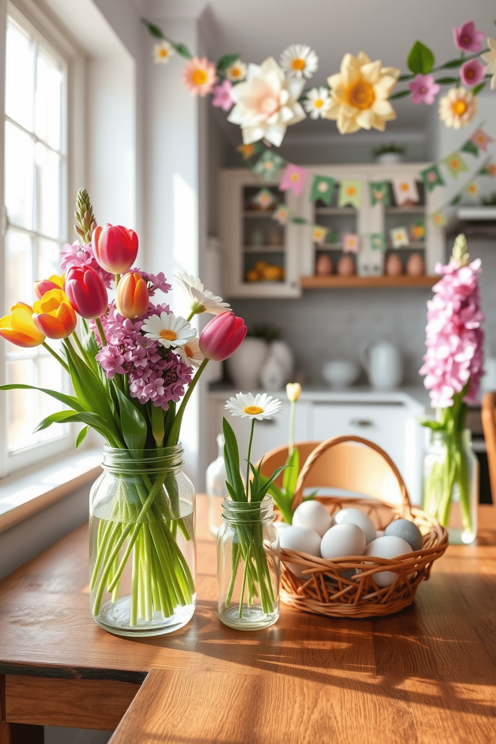 A charming display of spring flower arrangements in mason jars, featuring vibrant tulips, daisies, and lilacs, artfully arranged on a rustic wooden table. The soft morning light filters through a nearby window, casting gentle shadows and highlighting the freshness of the blooms. An inviting kitchen adorned with Easter decorations, showcasing pastel-colored eggs nestled in a decorative basket on the countertop. Cheerful bunting and garlands made of paper flowers hang above, creating a festive atmosphere for family gatherings.