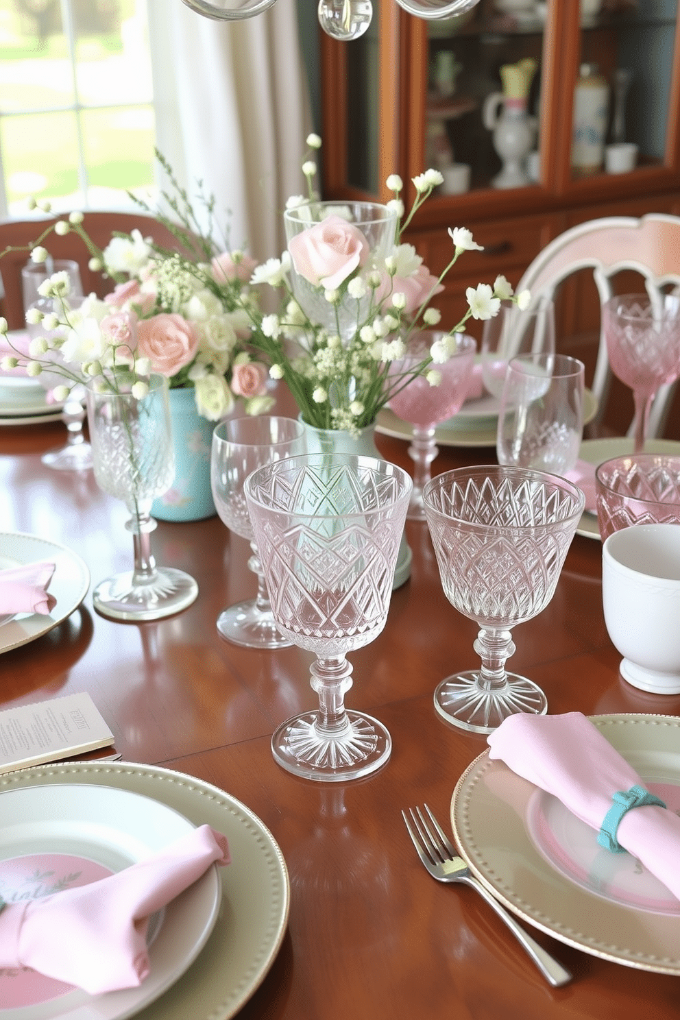 A collection of pastel-colored glassware is elegantly arranged on a wooden dining table, reflecting soft hues of pink, blue, and green. The table is adorned with delicate floral arrangements and whimsical Easter-themed decorations, creating a cheerful ambiance for the holiday. The glassware features intricate patterns and varying shapes, catching the light beautifully and adding a touch of sophistication. Surrounding the table, pastel-colored plates and napkins complement the glassware, enhancing the festive atmosphere for an Easter gathering.