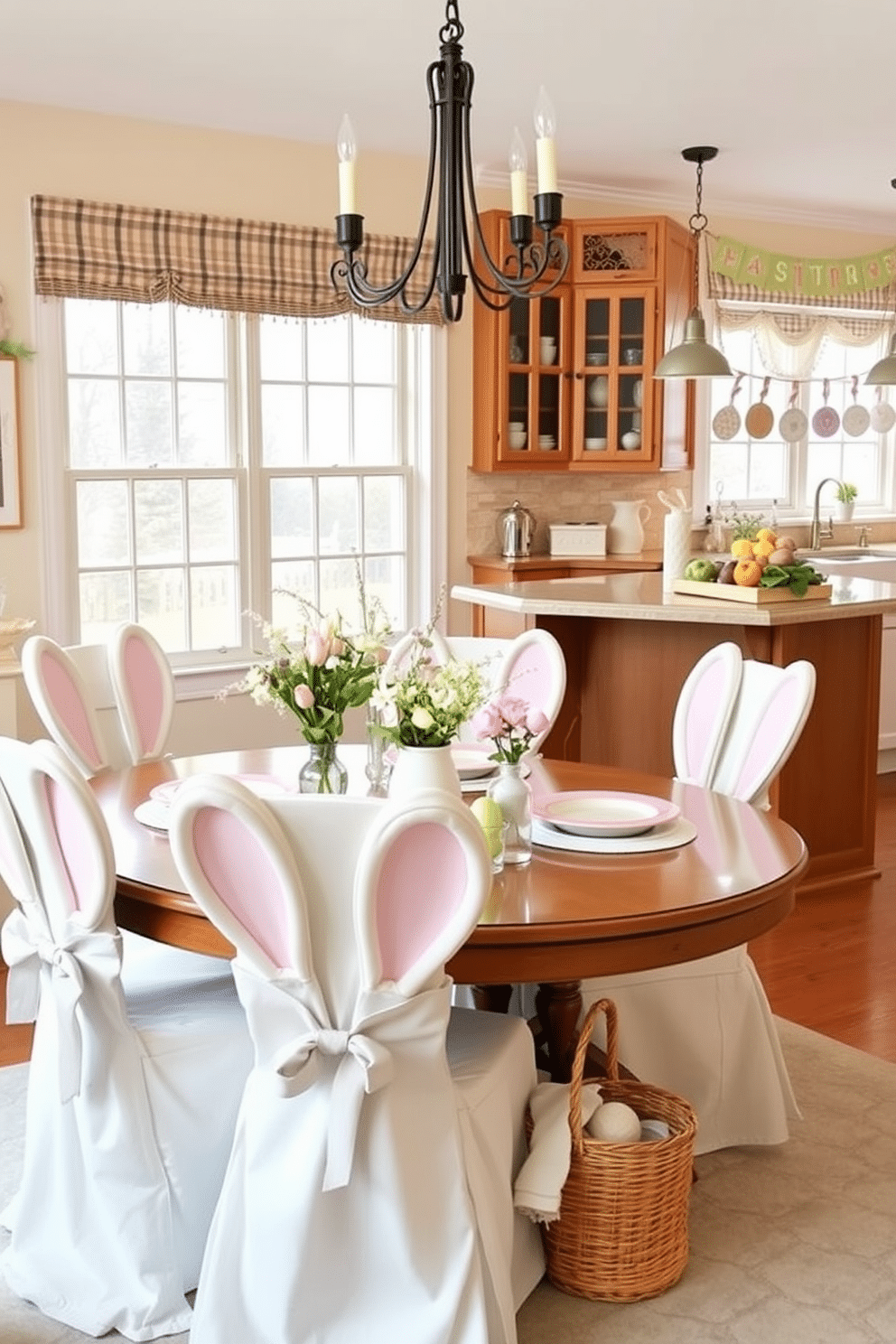 A whimsical dining area adorned with bunny ear chair covers that add a playful touch to the festive atmosphere. The table is set with pastel-colored plates and delicate floral arrangements, complementing the cheerful decor. A cozy kitchen scene featuring Easter-themed decorations, including painted eggs and spring flowers. Cheerful bunting hangs above the countertops, while a basket of fresh produce adds a vibrant, seasonal flair.