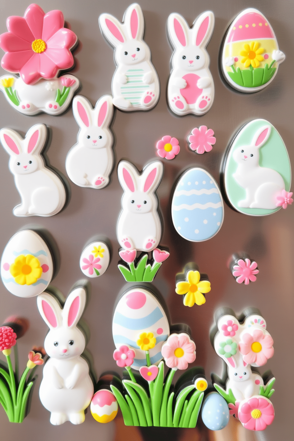 A collection of colorful Easter-themed fridge magnets featuring bunnies, eggs, and spring flowers. Each magnet is designed with vibrant pastel colors and whimsical patterns, adding a festive touch to any kitchen. Decorate your kitchen for Easter with a cheerful display of pastel-colored tableware and floral arrangements. Incorporate elements like decorative eggs and bunny figurines to create a warm and inviting atmosphere.