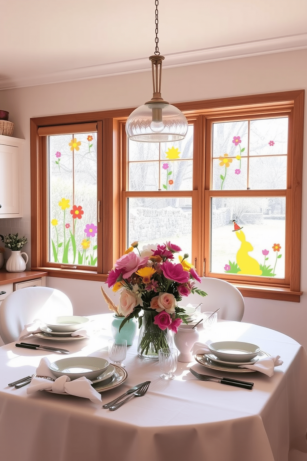 A cheerful kitchen adorned with spring-themed window decals that feature colorful flowers and playful bunnies. The natural light streaming through the windows enhances the vibrant colors, creating a lively atmosphere perfect for Easter celebrations. Decorative elements include pastel-colored tableware and a charming centerpiece made of fresh blooms. Soft, fluffy table linens in light hues complement the overall festive decor, inviting family and friends to gather for a joyful meal.