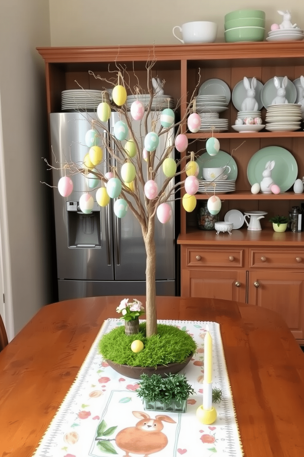 A whimsical Easter egg tree centerpiece stands tall on a rustic wooden table, adorned with a variety of colorful, hand-painted eggs hanging delicately from its branches. Surrounding the base, a soft green moss adds a touch of nature, while pastel flowers in a small vase complement the vibrant hues of the eggs. For kitchen Easter decorating ideas, a cheerful display of pastel-colored dishware is arranged on open shelves, featuring bunny-themed plates and egg-shaped bowls. A charming table runner with an Easter motif drapes across the dining table, accented by small potted herbs and decorative egg candles for a festive touch.