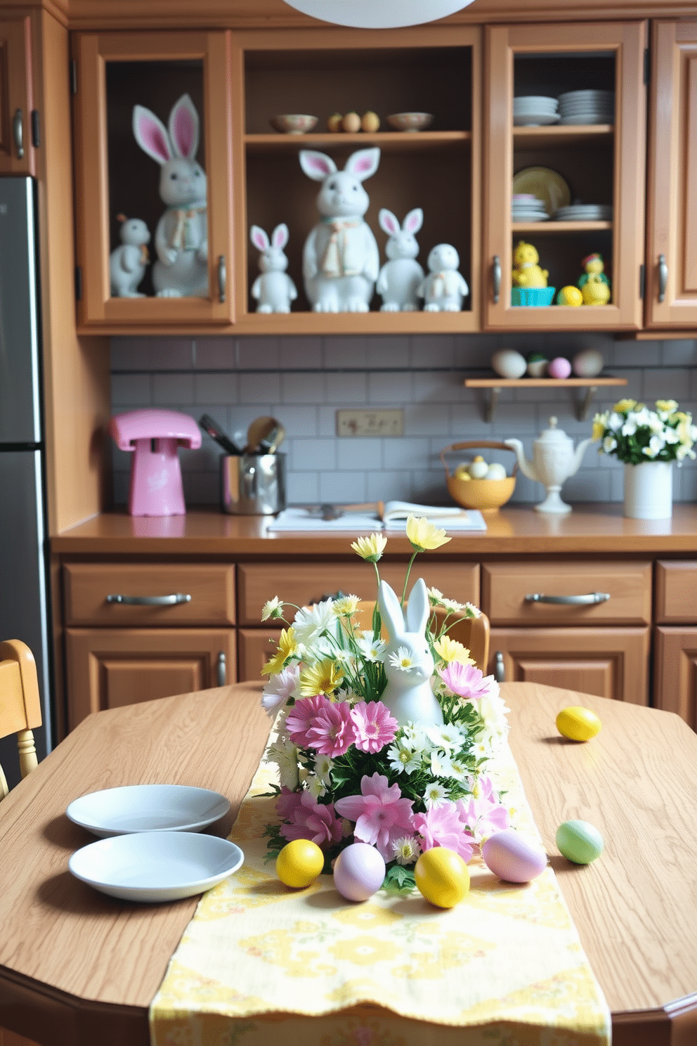 A charming kitchen adorned for Easter features a whimsical arrangement of bunny and chick figurines placed on open shelves. The color palette includes pastel hues, with soft pinks and yellows complementing the warm wooden cabinetry. A festive table setting showcases a cheerful table runner adorned with spring flowers, while the centerpiece includes a playful display of the figurines. Brightly colored eggs are scattered around, adding a touch of seasonal flair to the kitchen decor.