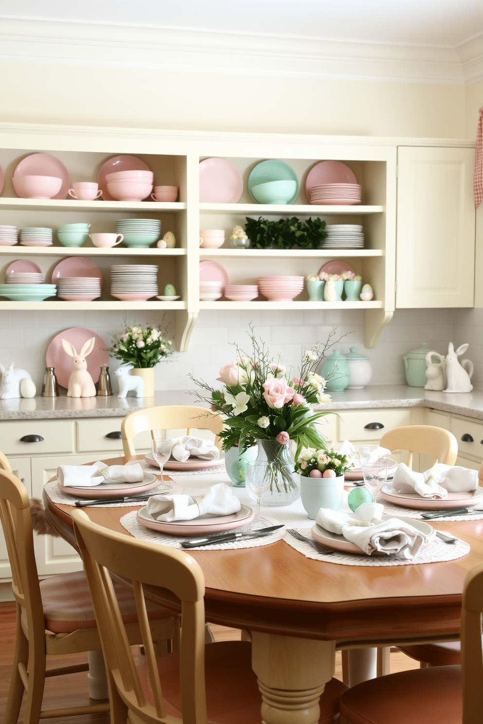 A charming kitchen setting adorned with a pastel-colored dishware set, featuring soft pink, mint green, and light blue plates and bowls arranged on open shelves. The table is set for an Easter brunch, complete with matching napkins and delicate floral centerpieces that enhance the festive atmosphere. The walls are painted in a light cream hue, complementing the pastel tones of the dishware. Decorative elements like bunny figurines and colorful eggs are scattered throughout the kitchen, adding a playful touch to the overall design.