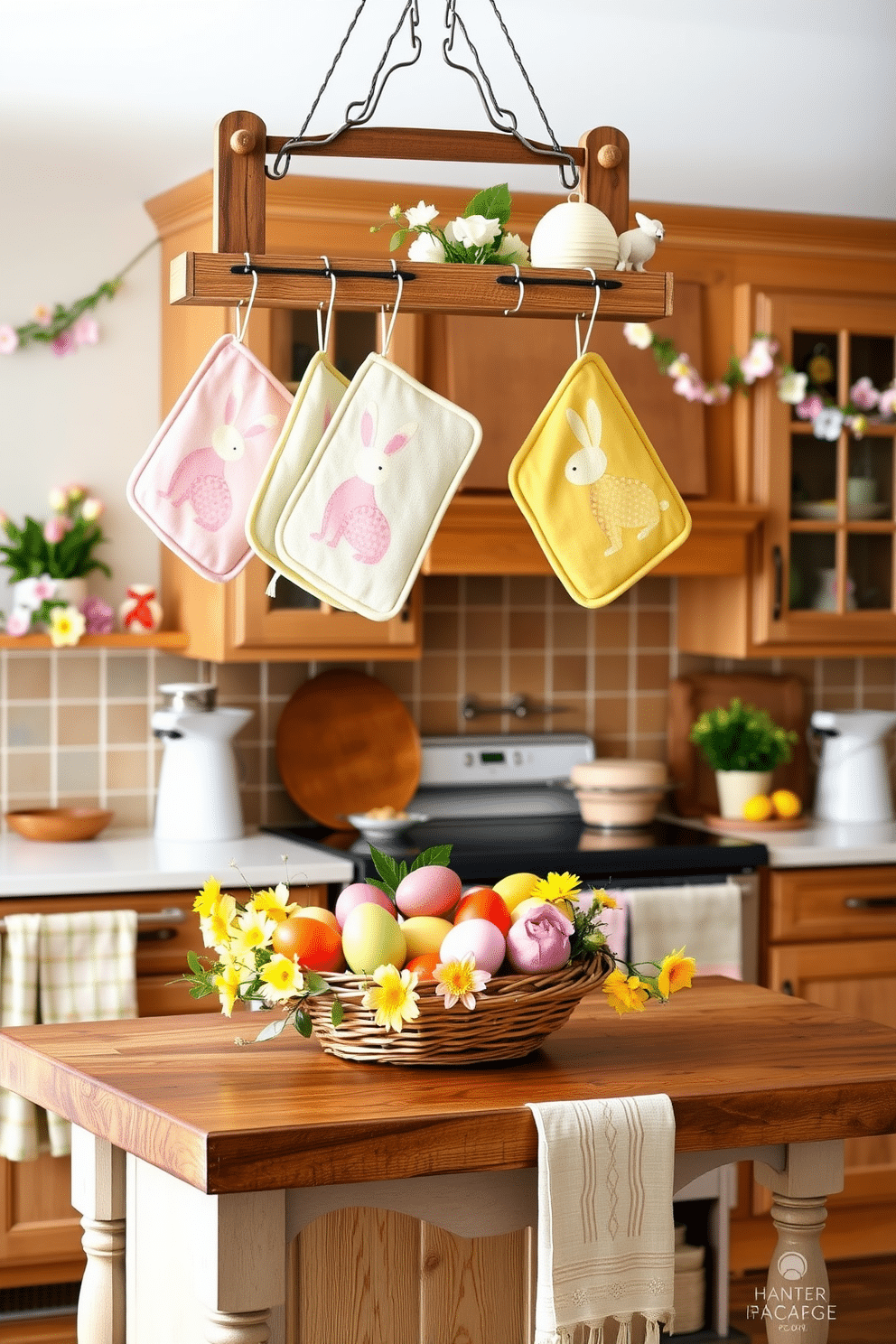 A charming kitchen scene decorated for Easter. The pot holders feature vibrant pastel colors and whimsical bunny patterns, hanging from a rustic wooden rack above a cozy farmhouse-style kitchen island. Brightly colored eggs are artfully arranged in a woven basket on the counter, surrounded by fresh spring flowers in cheerful hues. Delicate garlands of paper flowers and Easter motifs drape across the cabinets, adding a festive touch to the warm, inviting space.