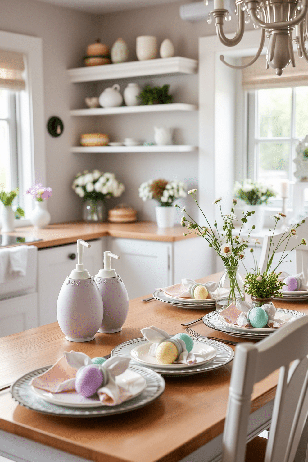 A charming kitchen adorned for Easter, featuring a bright pastel color palette with cheerful decorations. On the countertop, two egg-shaped soap dispensers in soft shades of lavender and mint add a playful touch to the decor. Delicate floral arrangements in small vases are scattered throughout the space, complementing the festive atmosphere. A beautifully set dining table showcases Easter-themed tableware, complete with bunny-shaped napkin holders and colorful eggs as centerpieces.