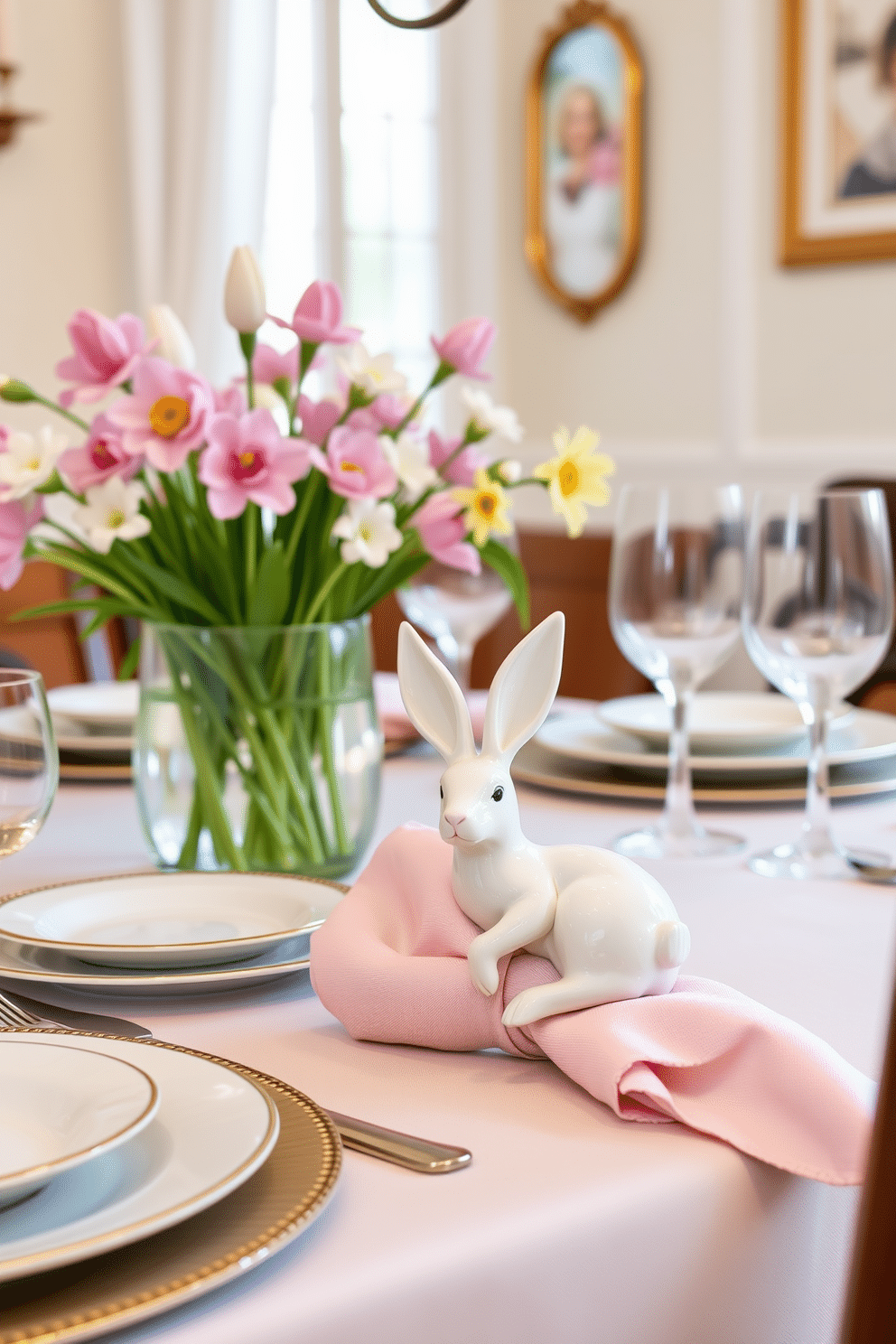 A charming dining table setting for Easter featuring decorative bunny napkin rings. The napkin rings are crafted from ceramic with intricate detailing, showcasing playful bunny motifs that add a whimsical touch to the table. The table is adorned with a pastel-colored tablecloth, complemented by elegant dinnerware in soft hues. Fresh spring flowers in a vase serve as a centerpiece, while the bunny napkin rings enhance the festive atmosphere of the occasion.