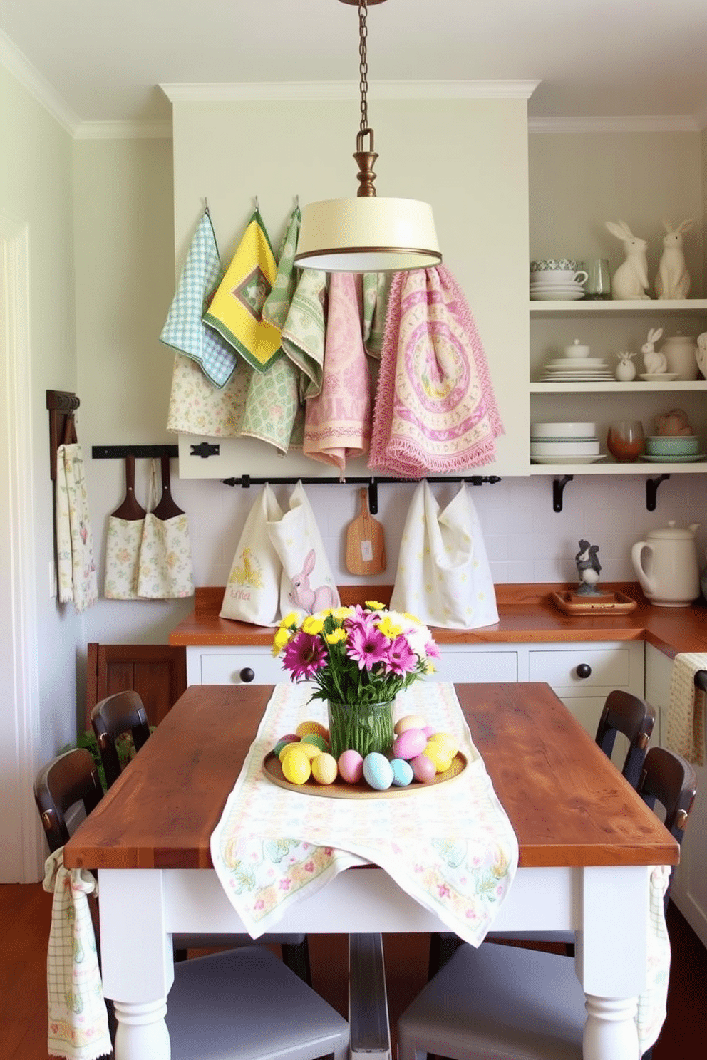 A charming kitchen adorned with Easter-themed dish towels and aprons. The walls are painted in a soft pastel hue, while a rustic wooden table is set with colorful eggs and spring flowers as a centerpiece. Hanging above the table, a collection of vibrant, patterned dish towels and matching aprons adds a festive touch. The kitchen shelves are filled with decorative bunnies and seasonal tableware, creating a warm and inviting atmosphere.