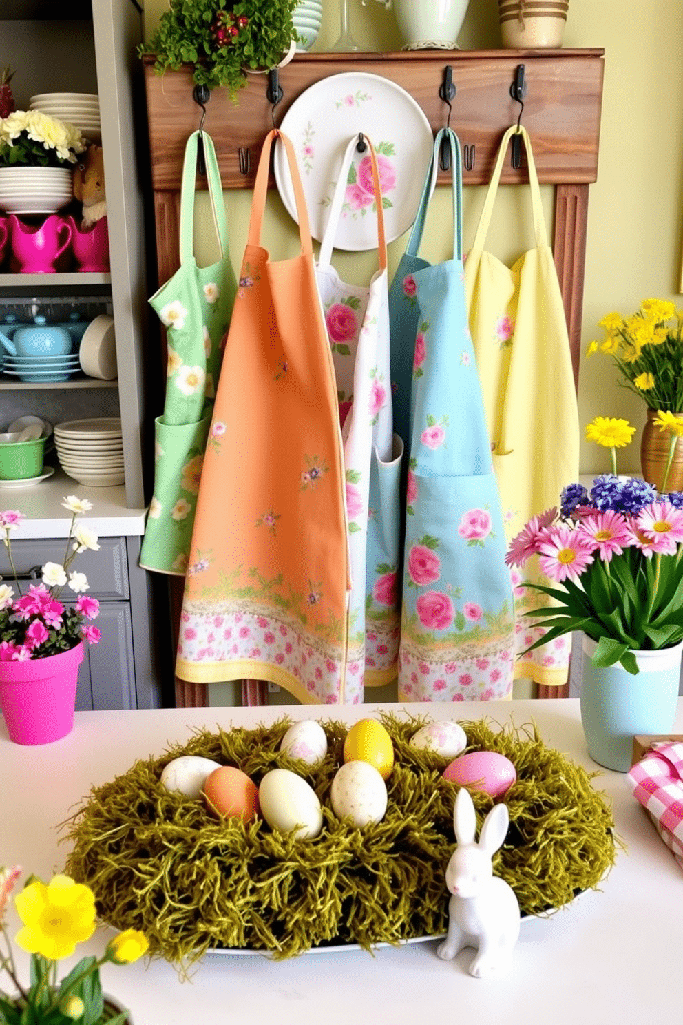 A charming spring-themed apron display features a variety of colorful, floral-patterned aprons hanging gracefully on a rustic wooden rack. Surrounding the rack, pastel-colored kitchenware and fresh flowers in vibrant pots create a cheerful atmosphere perfect for the season. For kitchen Easter decorating ideas, a beautifully set table showcases an assortment of decorative eggs nestled in a bed of soft moss. Delicate bunny figurines and spring blooms accentuate the table, bringing a festive touch to the kitchen space.