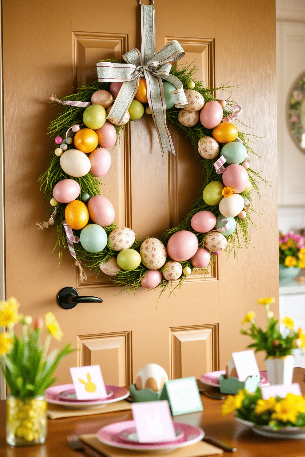 A vibrant egg wreath adorns the front door, crafted from a variety of pastel-colored eggs, ribbons, and fresh greenery. The wreath showcases a mix of textures, creating a cheerful and inviting entrance for the Easter season. In the kitchen, whimsical Easter decorations bring a festive touch to the space. Colorful table settings feature egg-shaped place cards, and cheerful floral arrangements brighten the countertops, enhancing the holiday spirit.