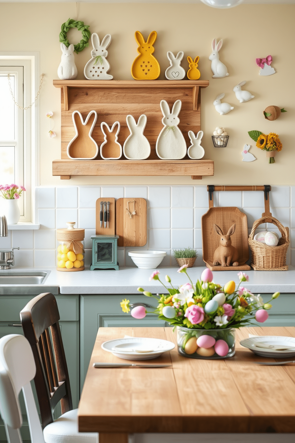 A charming kitchen scene featuring bunny-shaped cookie cutters arranged on a rustic wooden shelf. The backdrop includes pastel-colored walls adorned with whimsical Easter-themed decorations, creating a festive and cheerful atmosphere. A beautifully set dining table showcases a spring-themed centerpiece with fresh flowers and colorful eggs. Soft, natural light filters through the window, illuminating the delightful details of the Easter decorations throughout the kitchen.