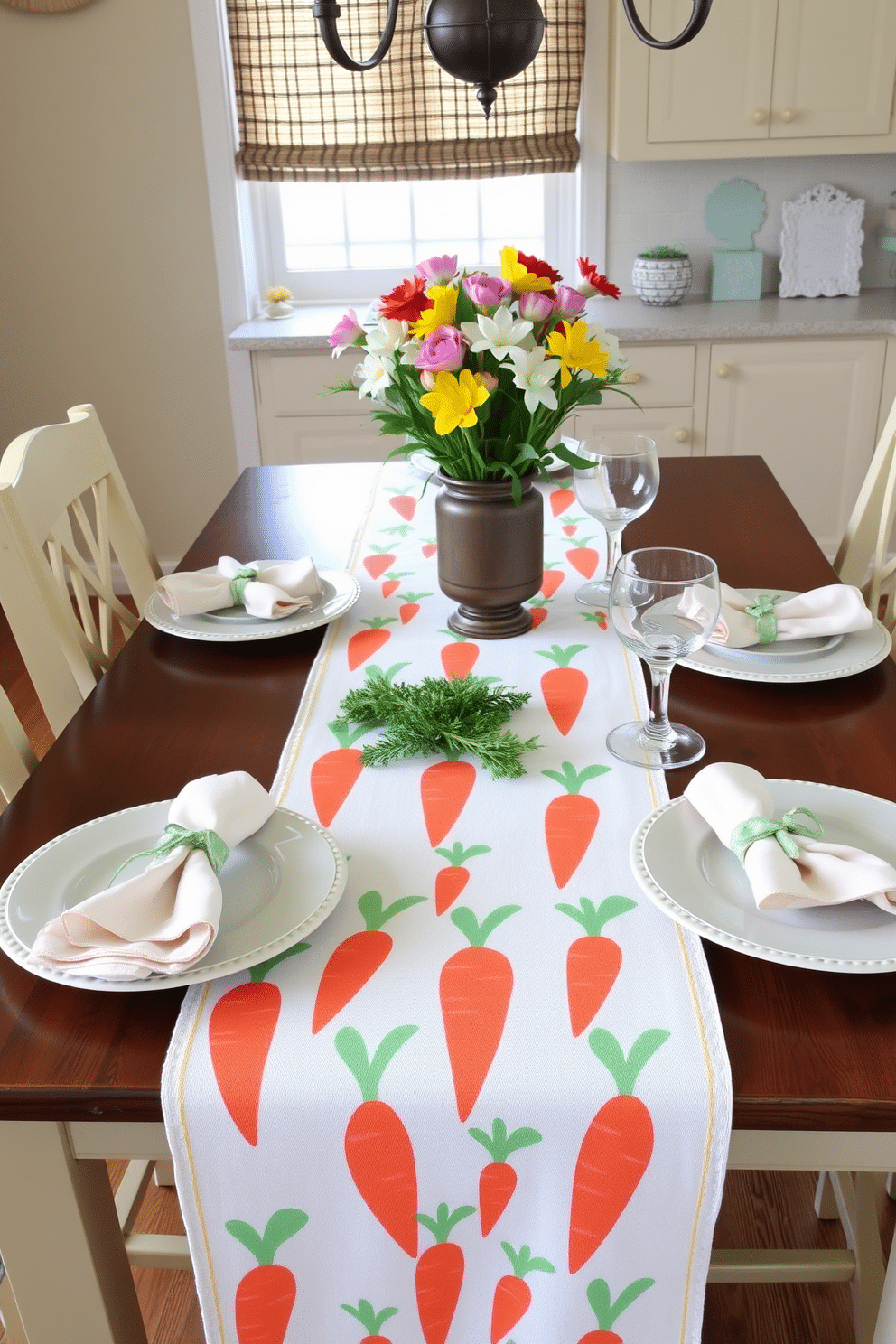 A charming kitchen table set for Easter, featuring a vibrant carrot-themed table runner that stretches across the length of the table. Complementing the runner, there are matching napkins folded neatly at each place setting, adorned with playful carrot motifs. The table is adorned with fresh spring flowers in a rustic vase, adding a touch of color and life to the setting. Soft pastel-colored plates and glassware complete the festive look, creating a warm and inviting atmosphere for family gatherings.