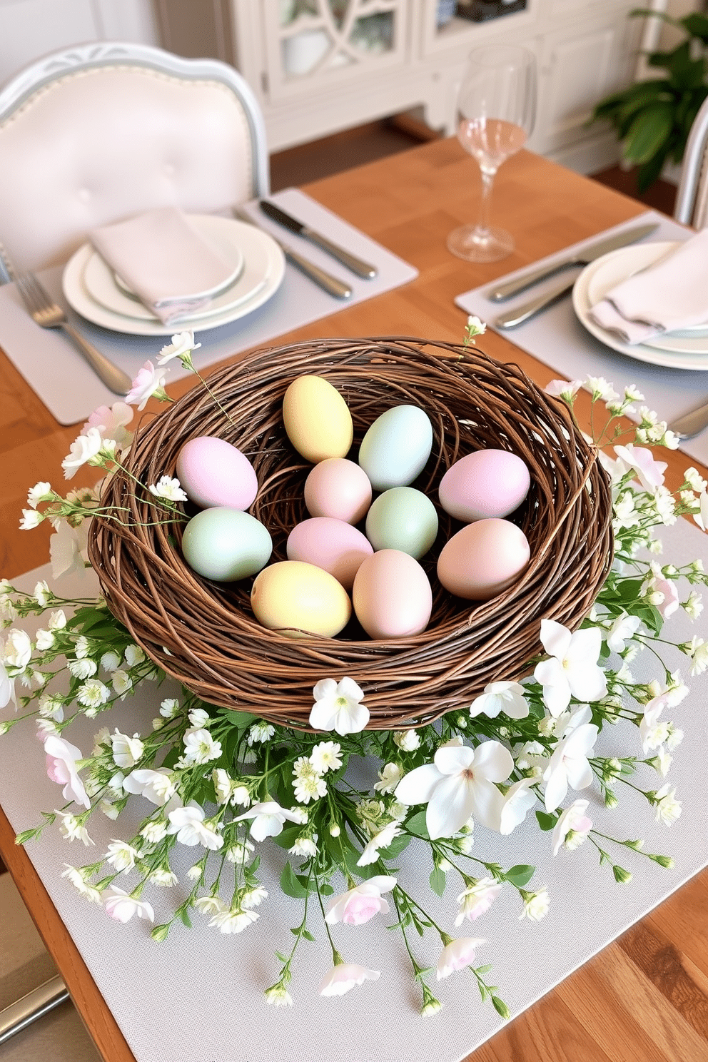 A stylish dining table is adorned with a beautiful nest centerpiece filled with faux eggs in pastel colors. Surrounding the nest are delicate spring flowers and soft greenery, creating a fresh and inviting atmosphere for Easter celebrations.