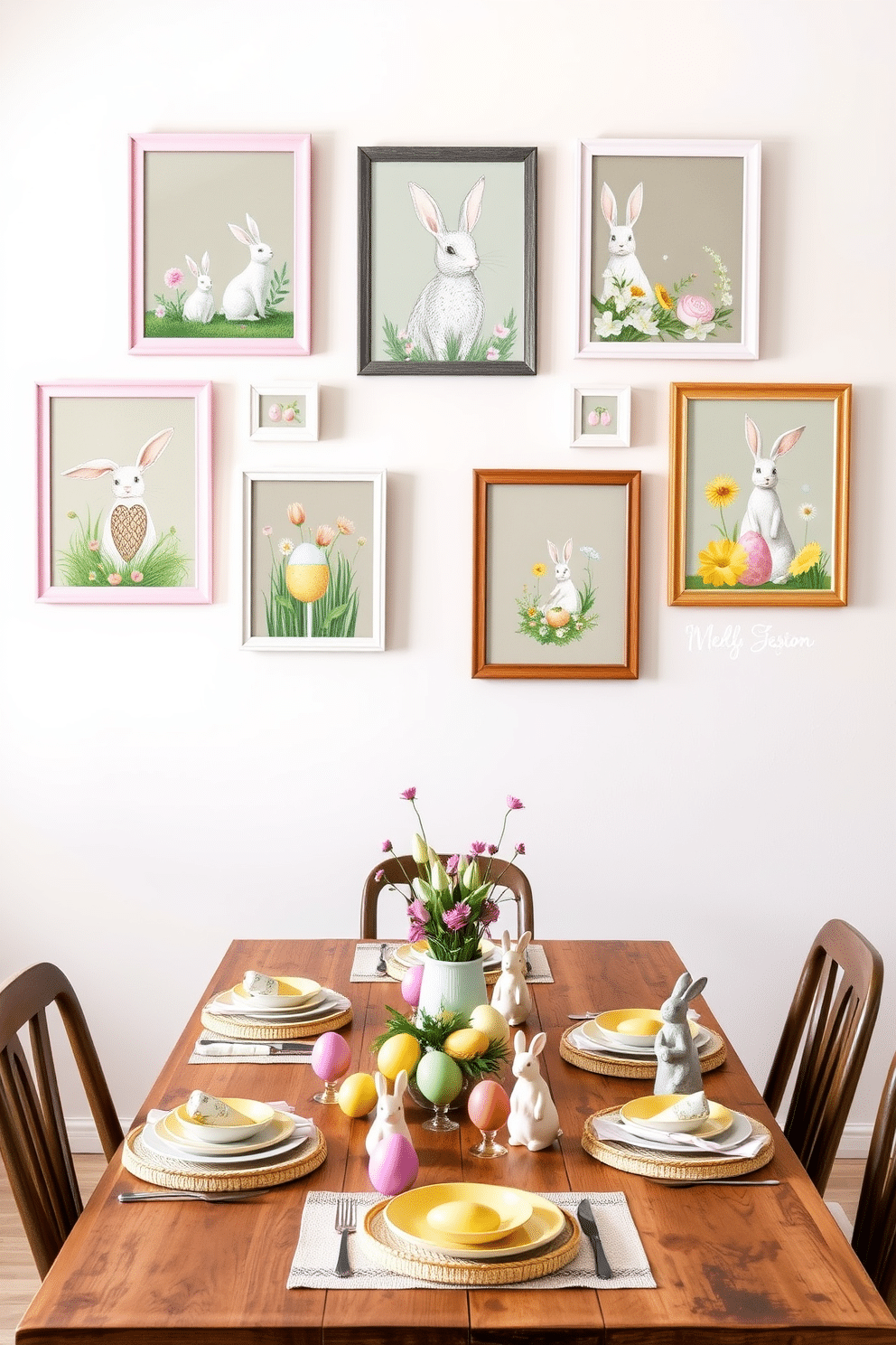 A collection of vibrant Easter-themed wall art prints featuring bunnies, eggs, and spring flowers, each framed in pastel-colored frames. The prints are arranged in a gallery style on a light-colored wall, creating a cheerful focal point in the room. A beautifully decorated kitchen for Easter, featuring a rustic wooden table set with pastel-colored dishes and floral centerpieces. Brightly colored eggs are artfully placed around the table, and charming bunny figurines add a playful touch to the overall decor.