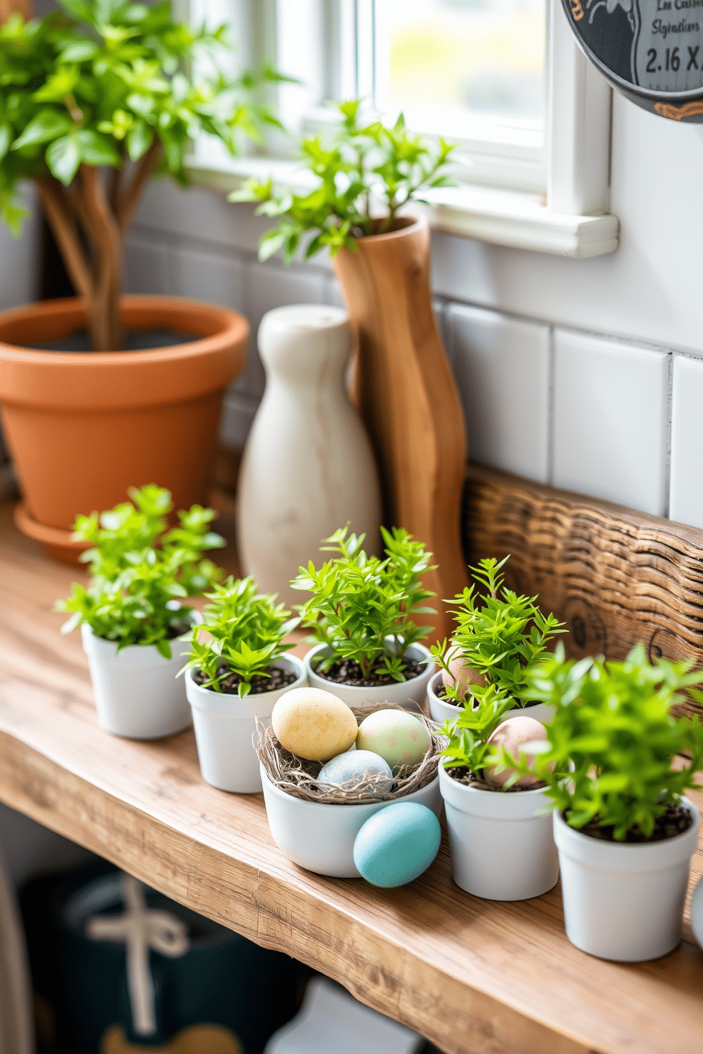 A charming kitchen scene adorned with miniature potted plants, each featuring vibrant green foliage. The plants are arranged on a rustic wooden shelf, complemented by colorful Easter eggs nestled among them, creating a festive and cheerful atmosphere.