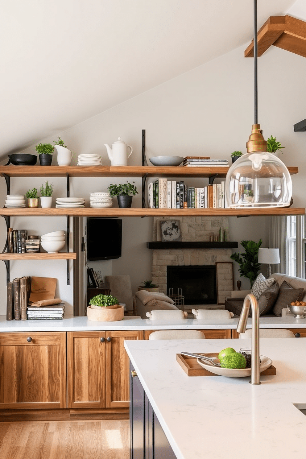 Open shelving is elegantly integrated into the kitchen family room combo, featuring a mix of rustic wood and sleek metal brackets. The shelves are adorned with carefully curated dishware, potted herbs, and stylish cookbooks, creating a warm and inviting atmosphere. The kitchen area boasts a large island with bar seating, seamlessly connecting to the family room's cozy seating arrangement. Soft lighting from pendant fixtures above the island enhances the space, while a neutral color palette ties the two areas together harmoniously.